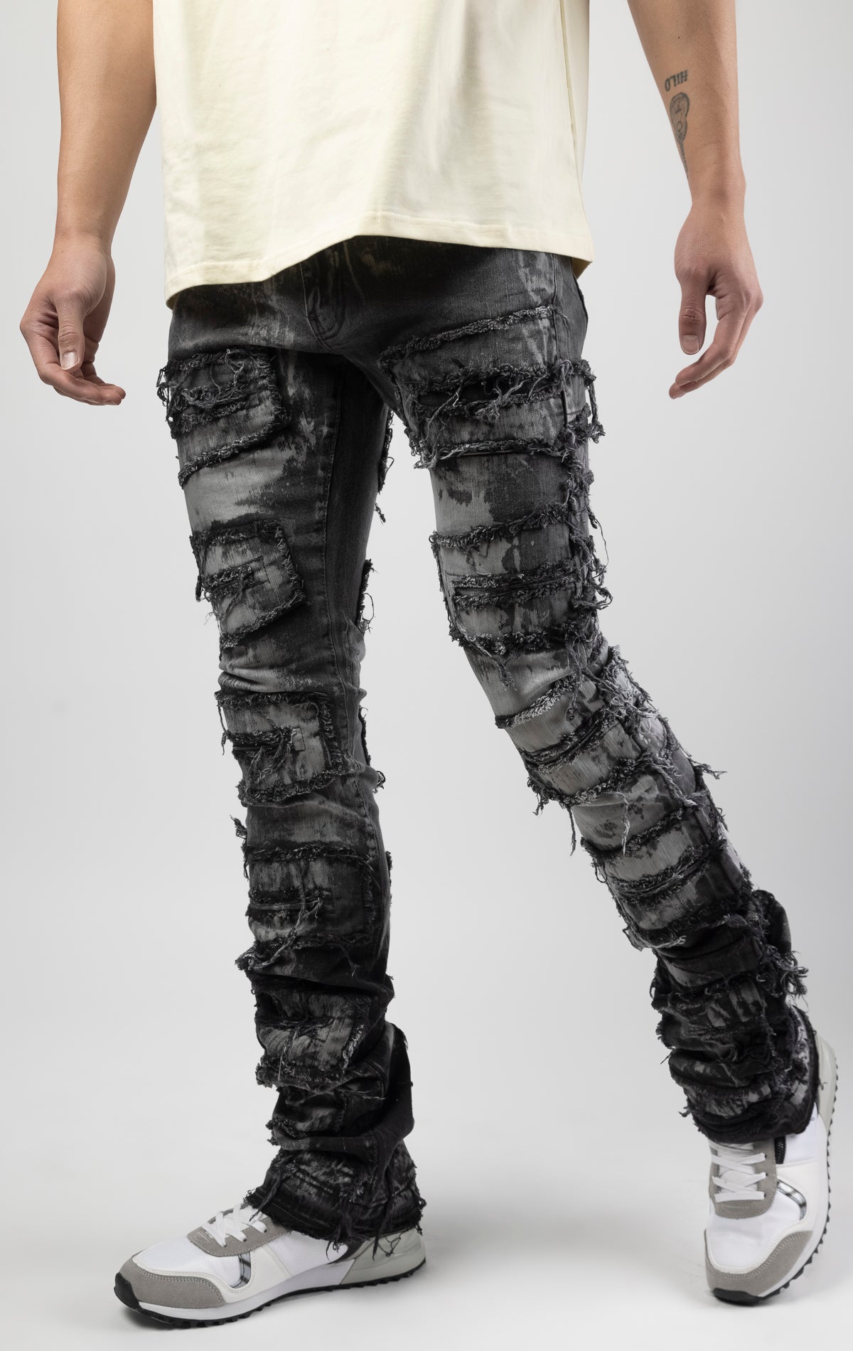 Mercury bold, risk-taking flare pants feature a regular rise and extended length for maximum stacks. With a unique heavy wash and rip and repair design, complete with patches and abrasions, these skinny fit jeans are ready for adventure. Made from 98% co