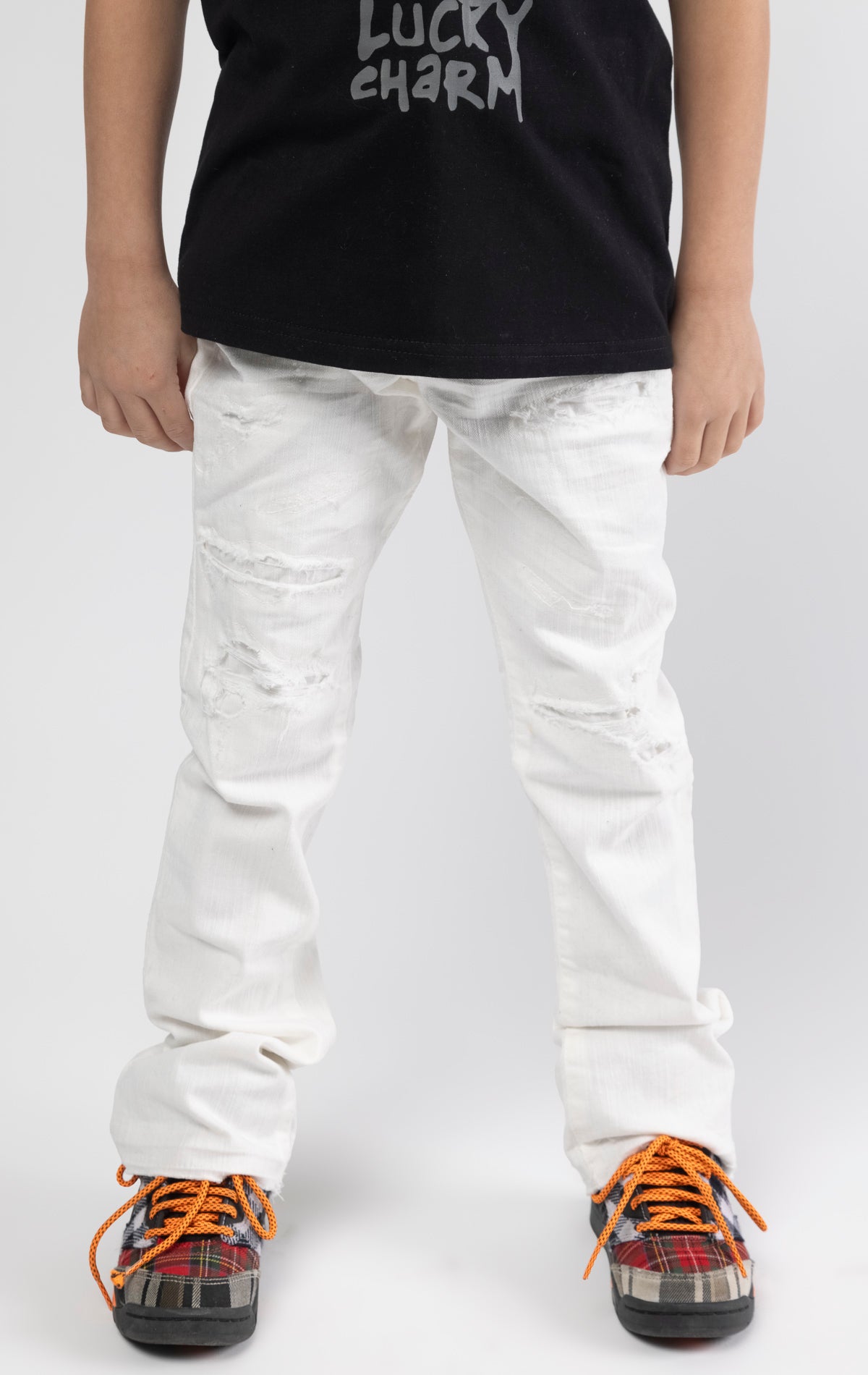 White Extended length flare pants for maximum stacks.