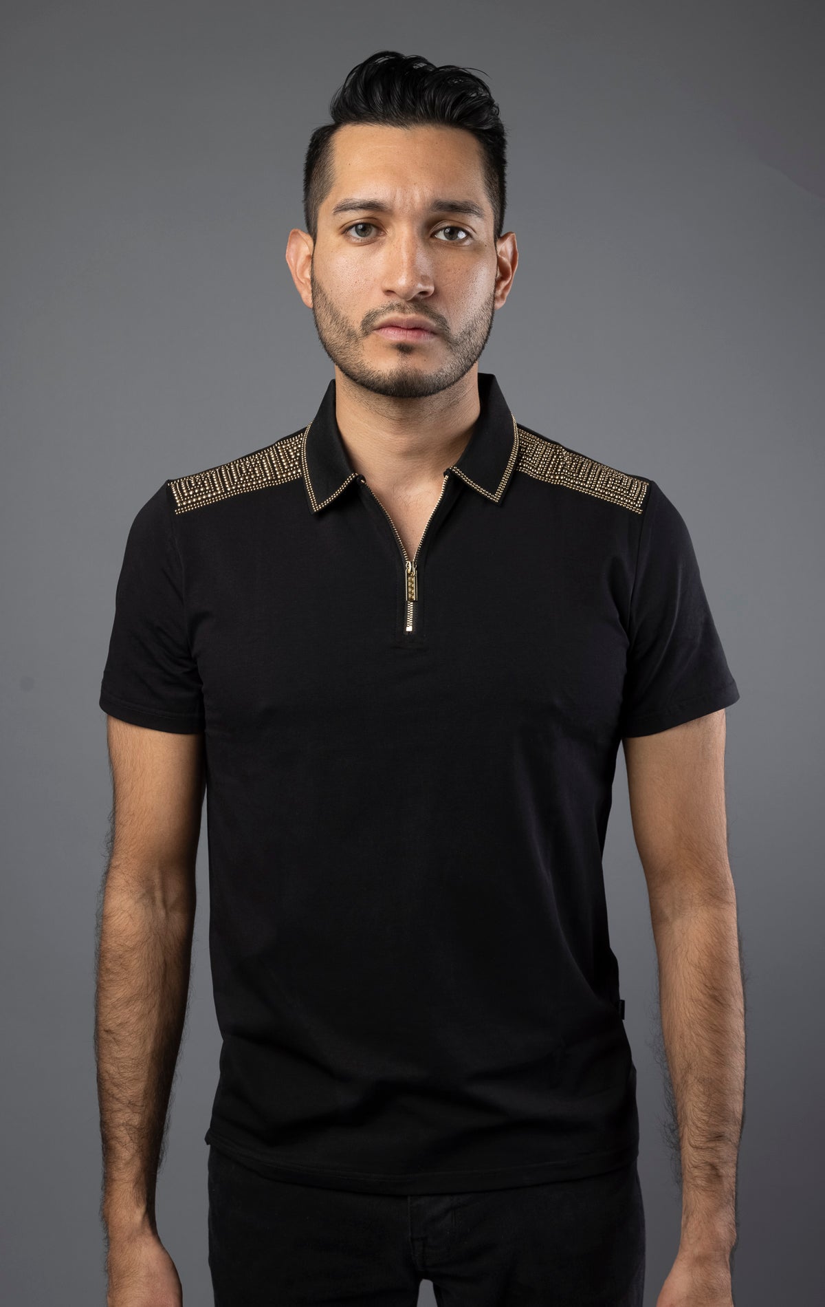 Men's polo shirt with Greek key print and rhinestone design