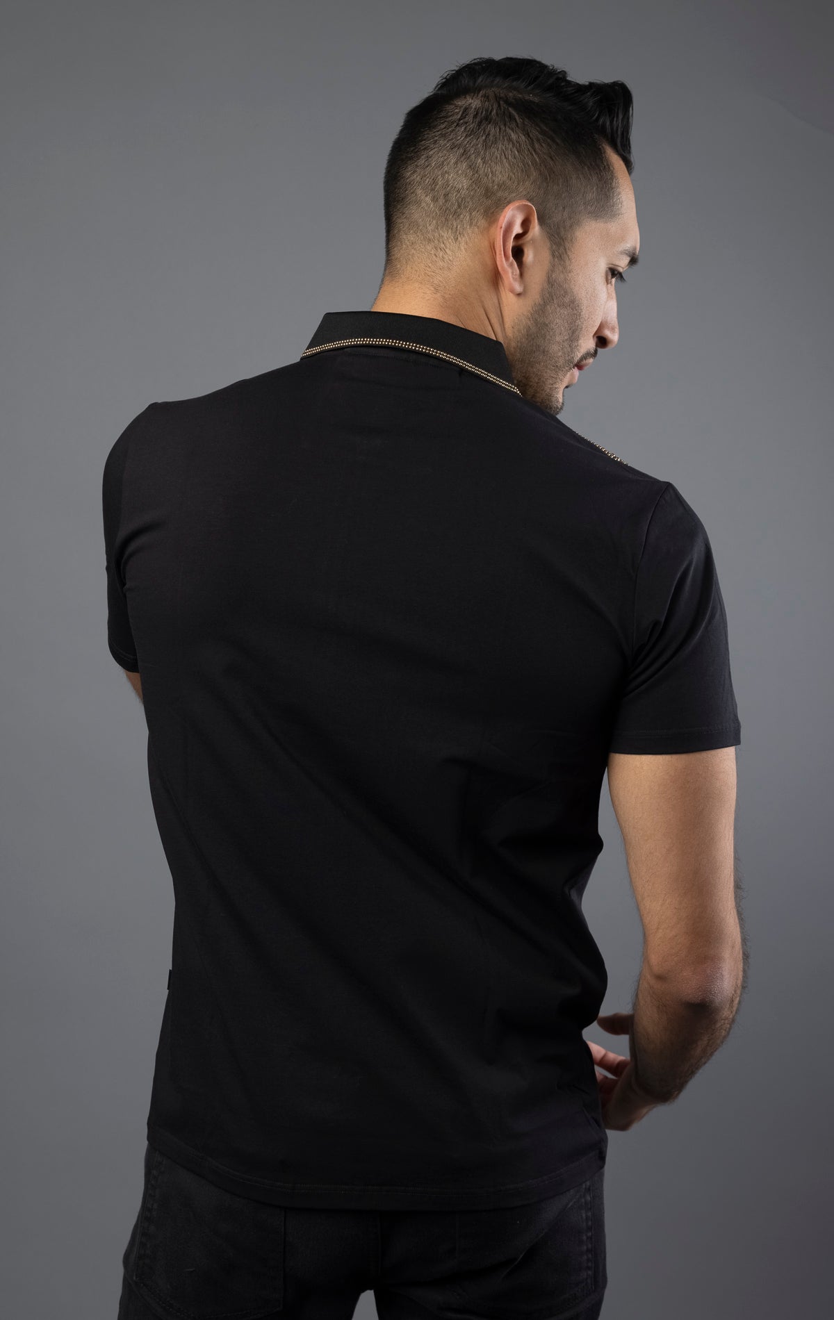 Men's polo shirt with Greek key print and rhinestone design