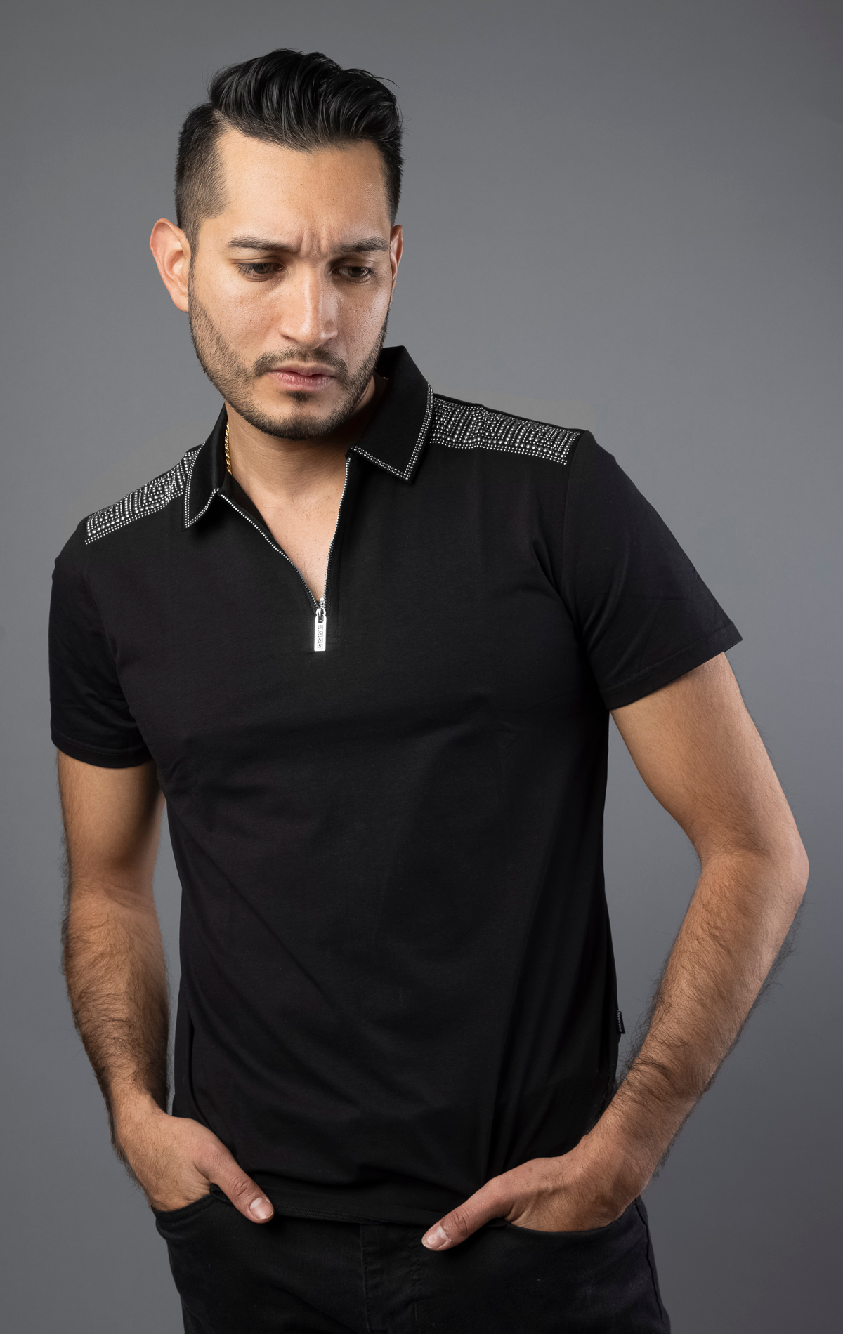 Men's polo shirt with Greek key print and rhinestone design