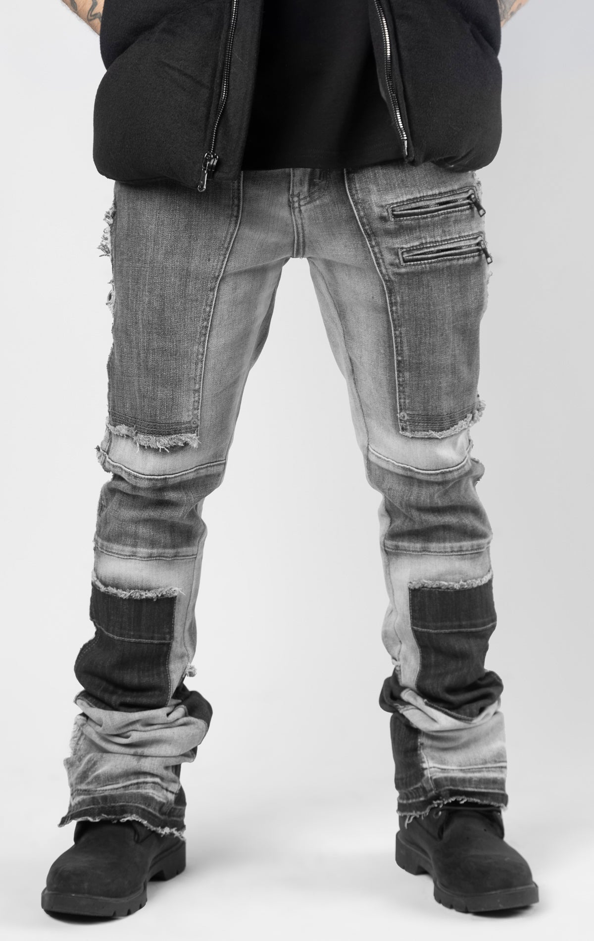 Grey modern patch work stacked jeans