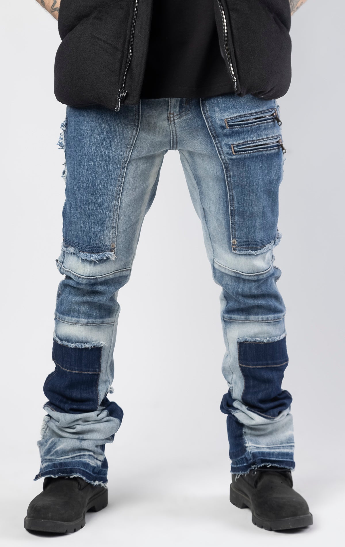 Indigo wash modern patch work stacked jeans