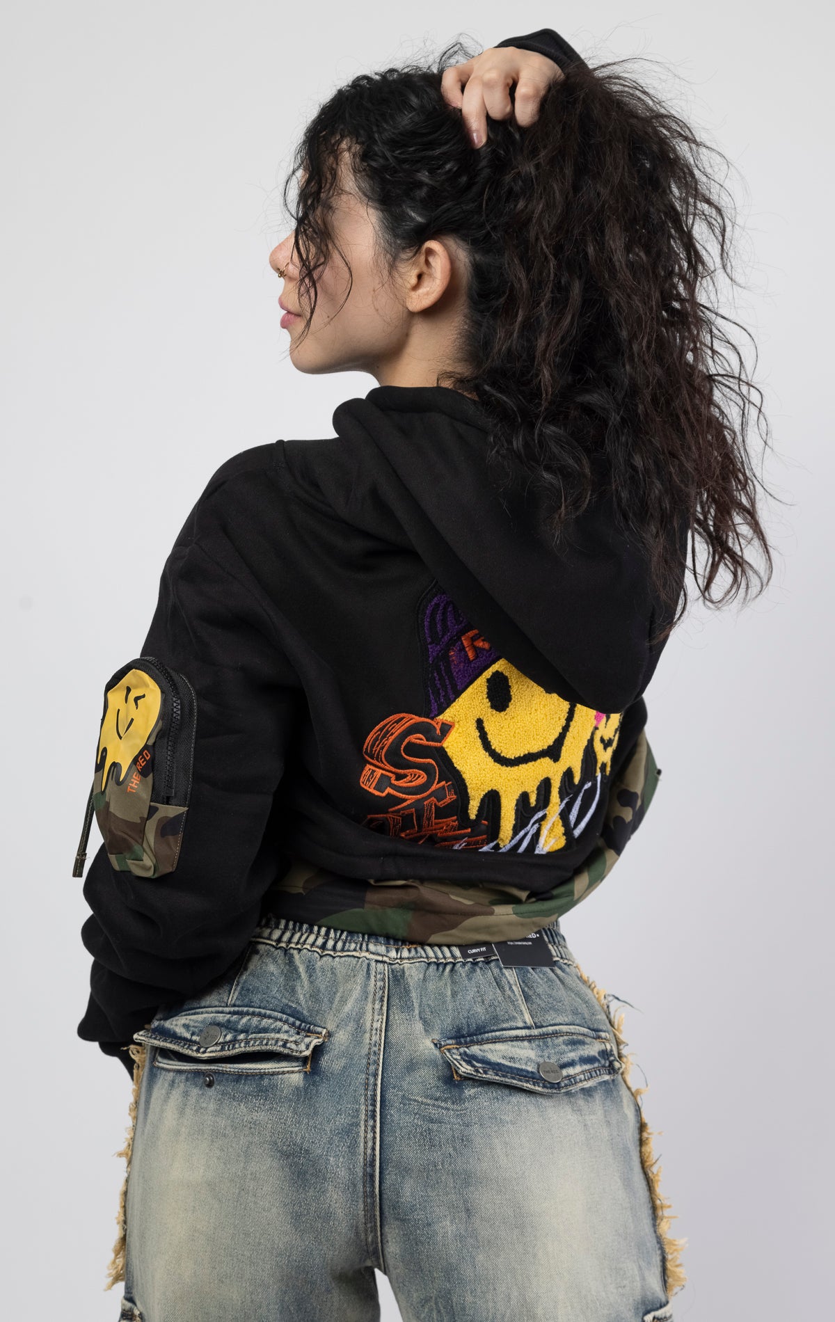 Women's chenille patch cropped pullover fleece hoodie back