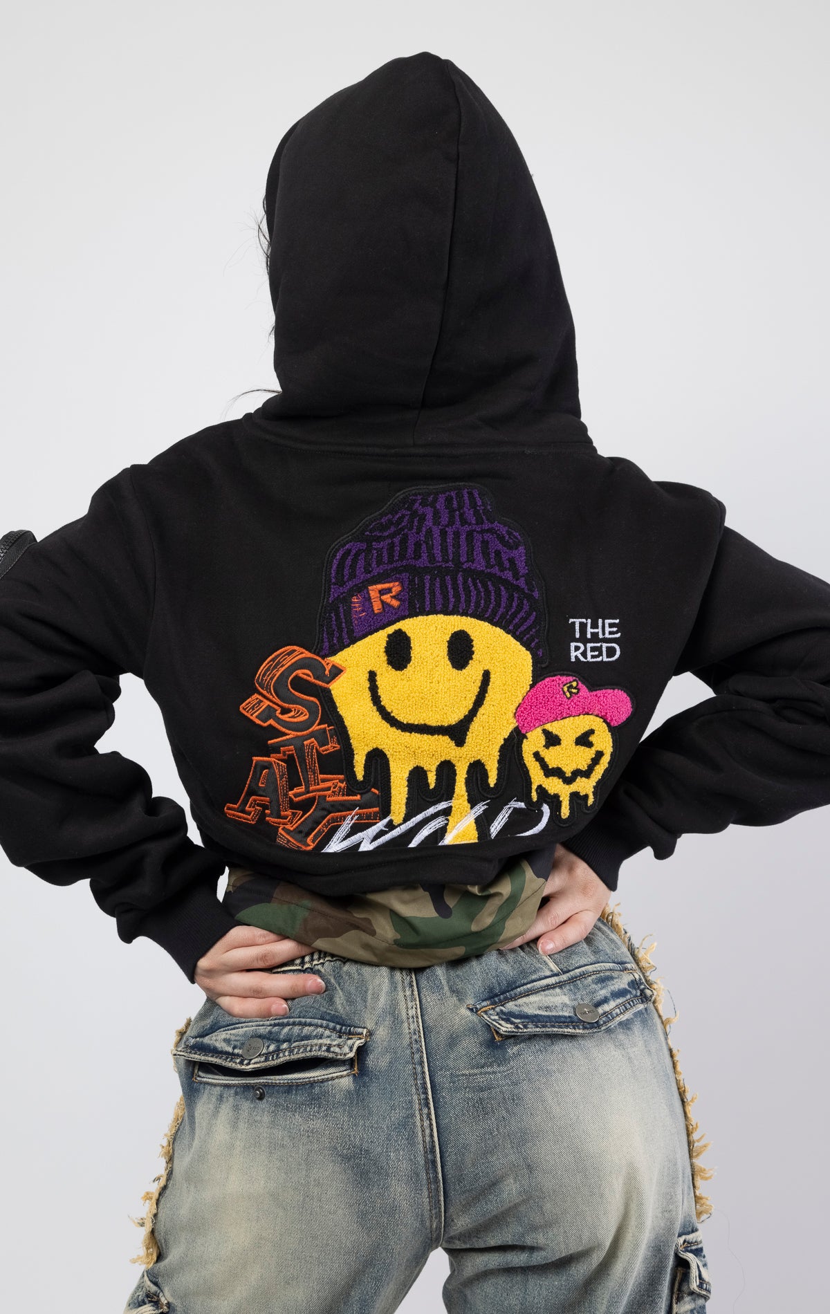 Women's chenille patch cropped pullover fleece hoodie back