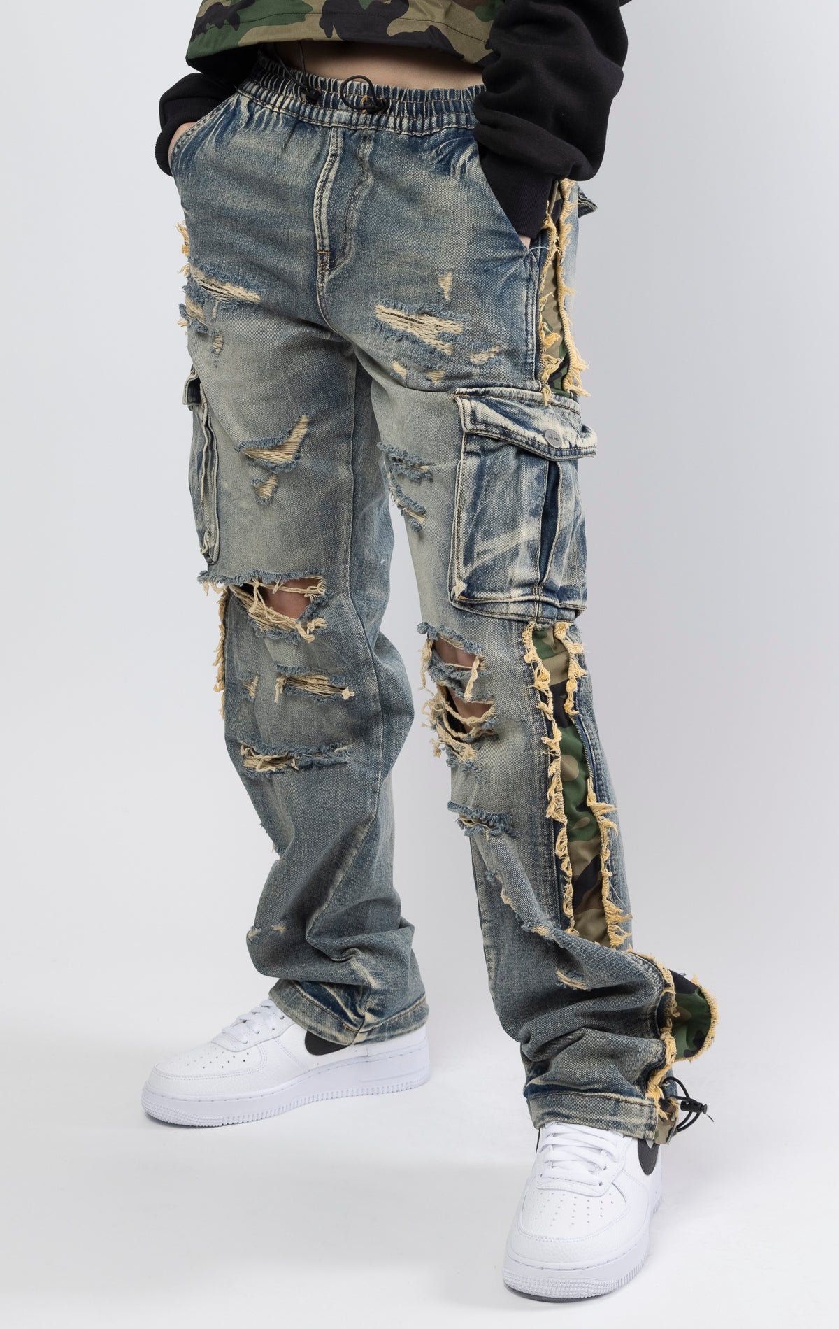 Relaxed fit, rip and repair jeans