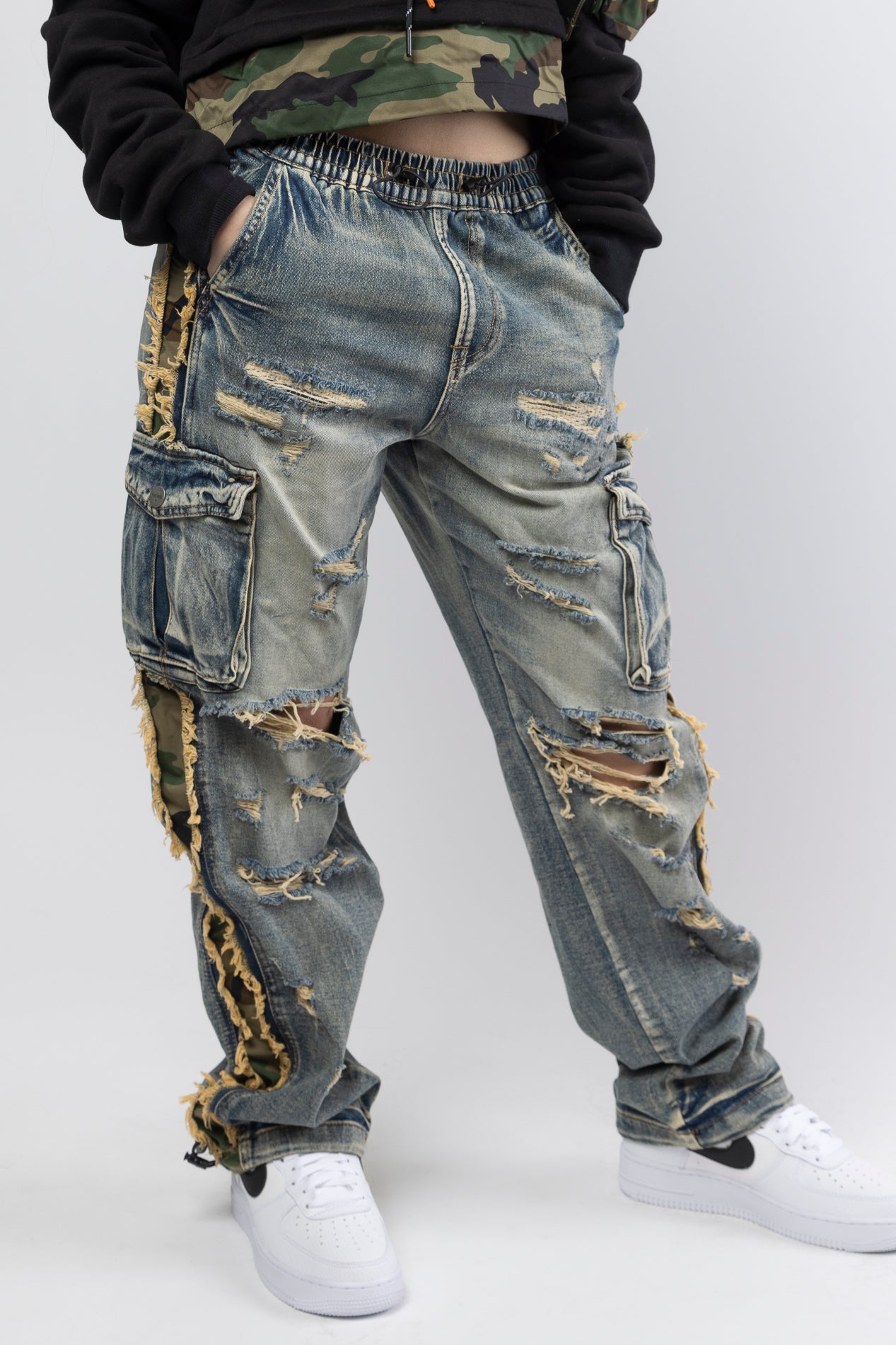 Relaxed fit, rip and repair jeans