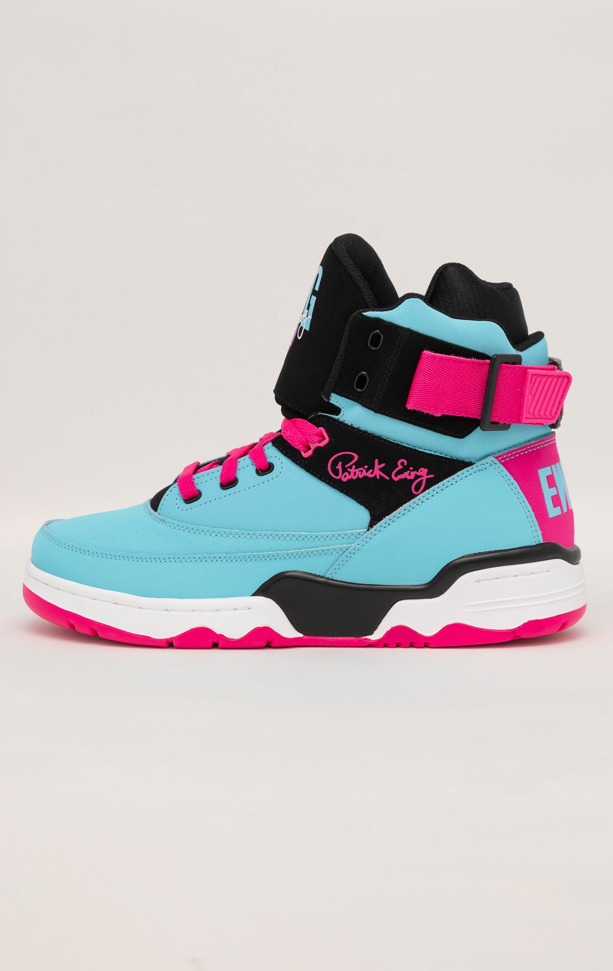 Blue, black, and pink high-top basketball sneakers by Patrick Ewing Athletics. Leather upper, padded collar, and Ewing Athletics logo on the tongue