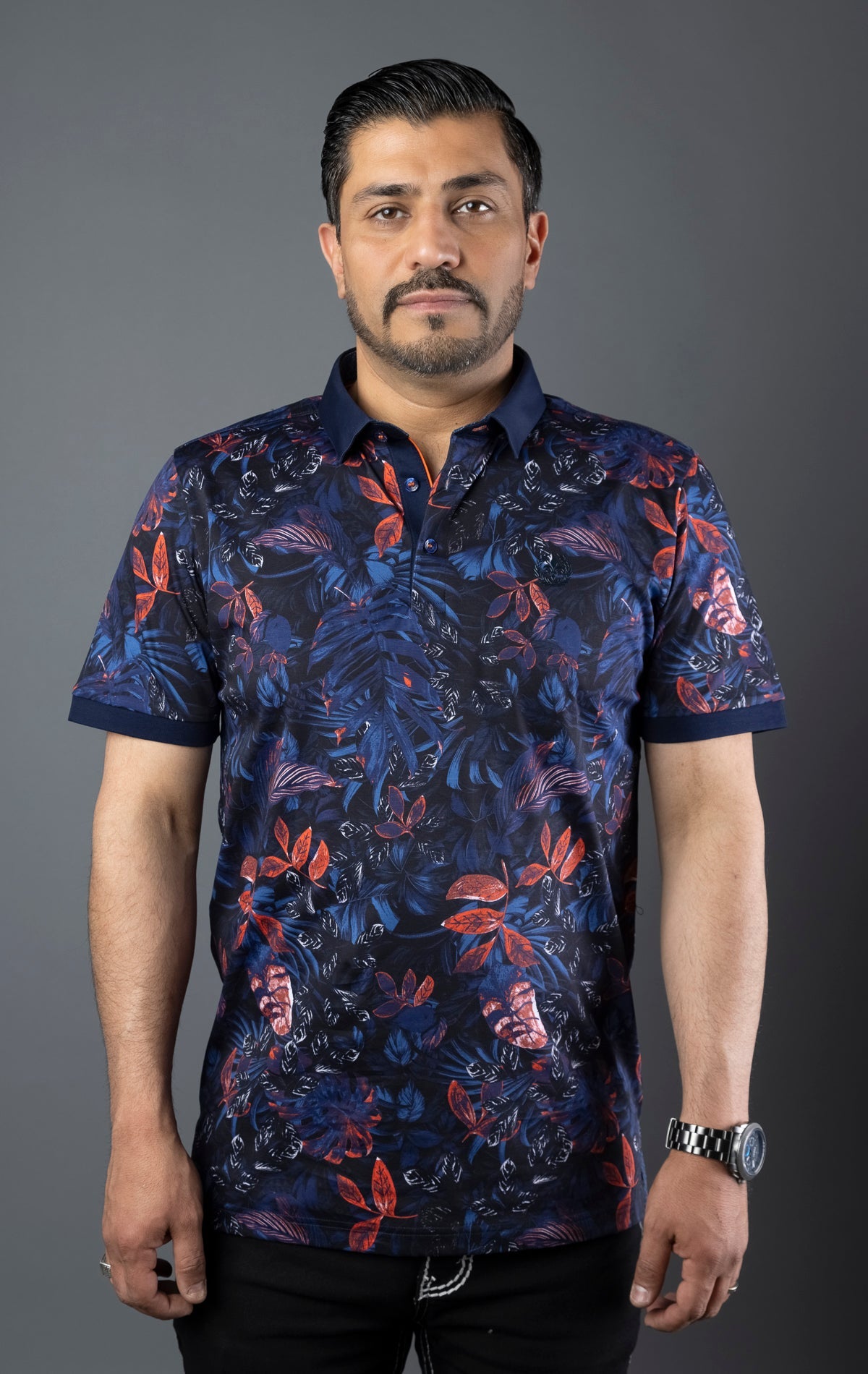 Men's casual dress polo shirt with contrast collar and embroidery, made from light and breathable 100% mercerized cotton, red blue contrast, polo shirt.