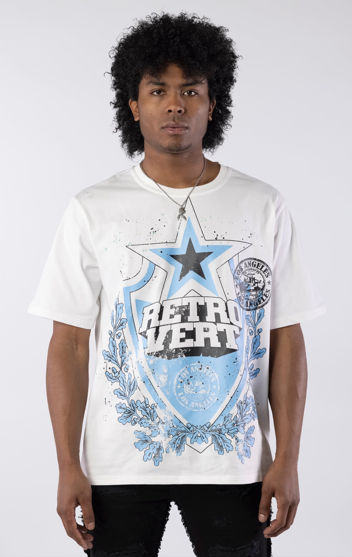 White organic cotton t-shirt with front and back graphics, ribbed collar, and slightly oversized fit.