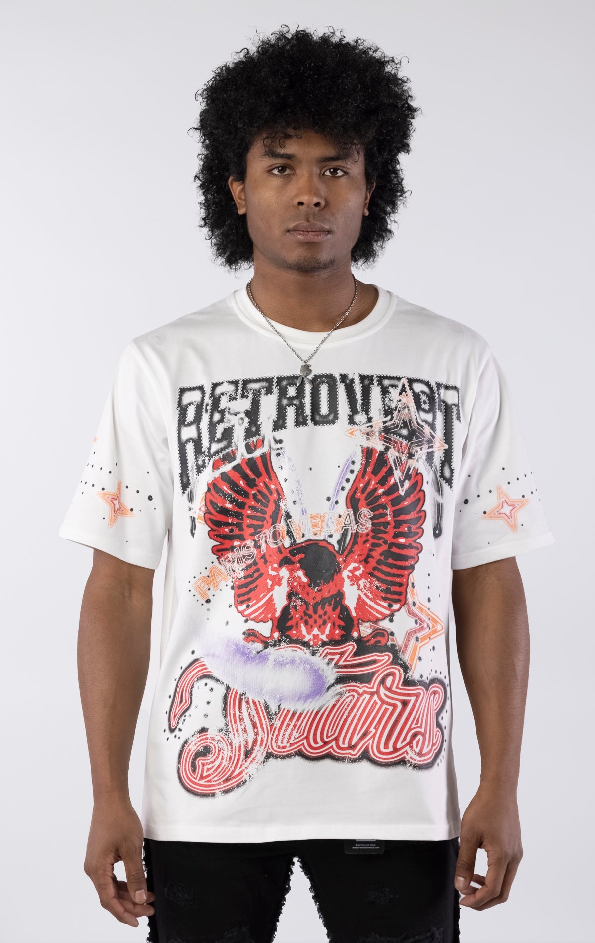 White heavyweight organic cotton t-shirt with front and back graphics, ribbed collar, and a relaxed oversized fit.