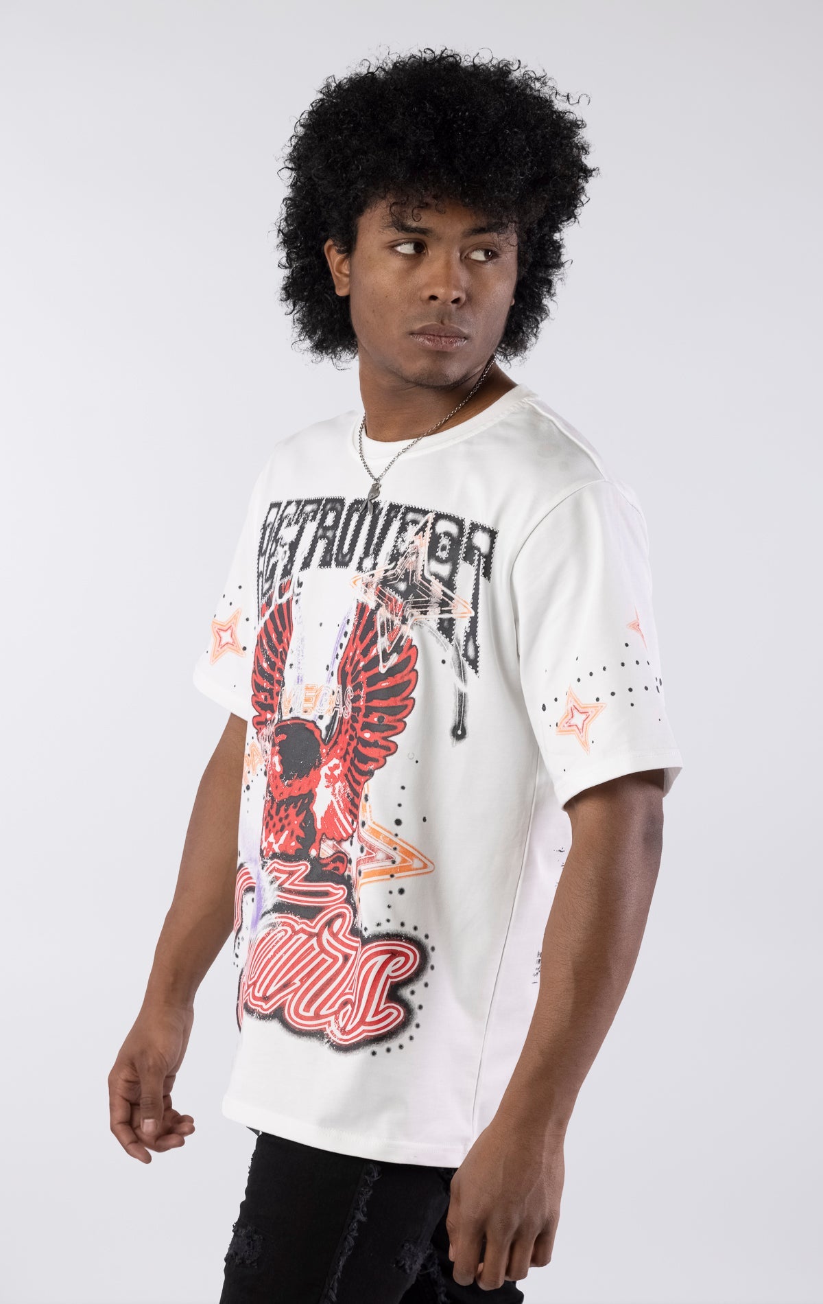 White heavyweight organic cotton t-shirt with front and back graphics, ribbed collar, and a relaxed oversized fit.