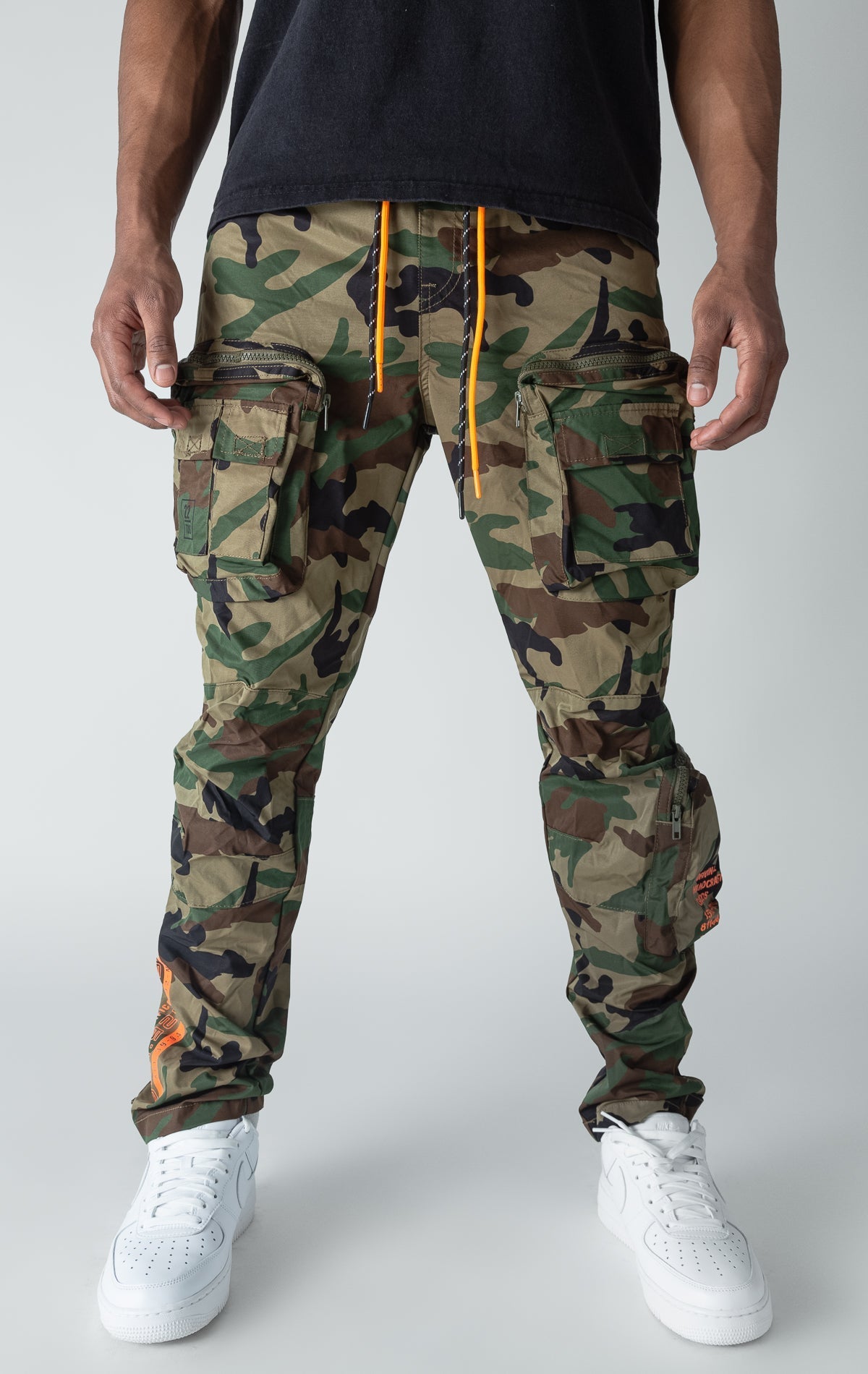 Wood camo open bottom windbreaker utility joggers.