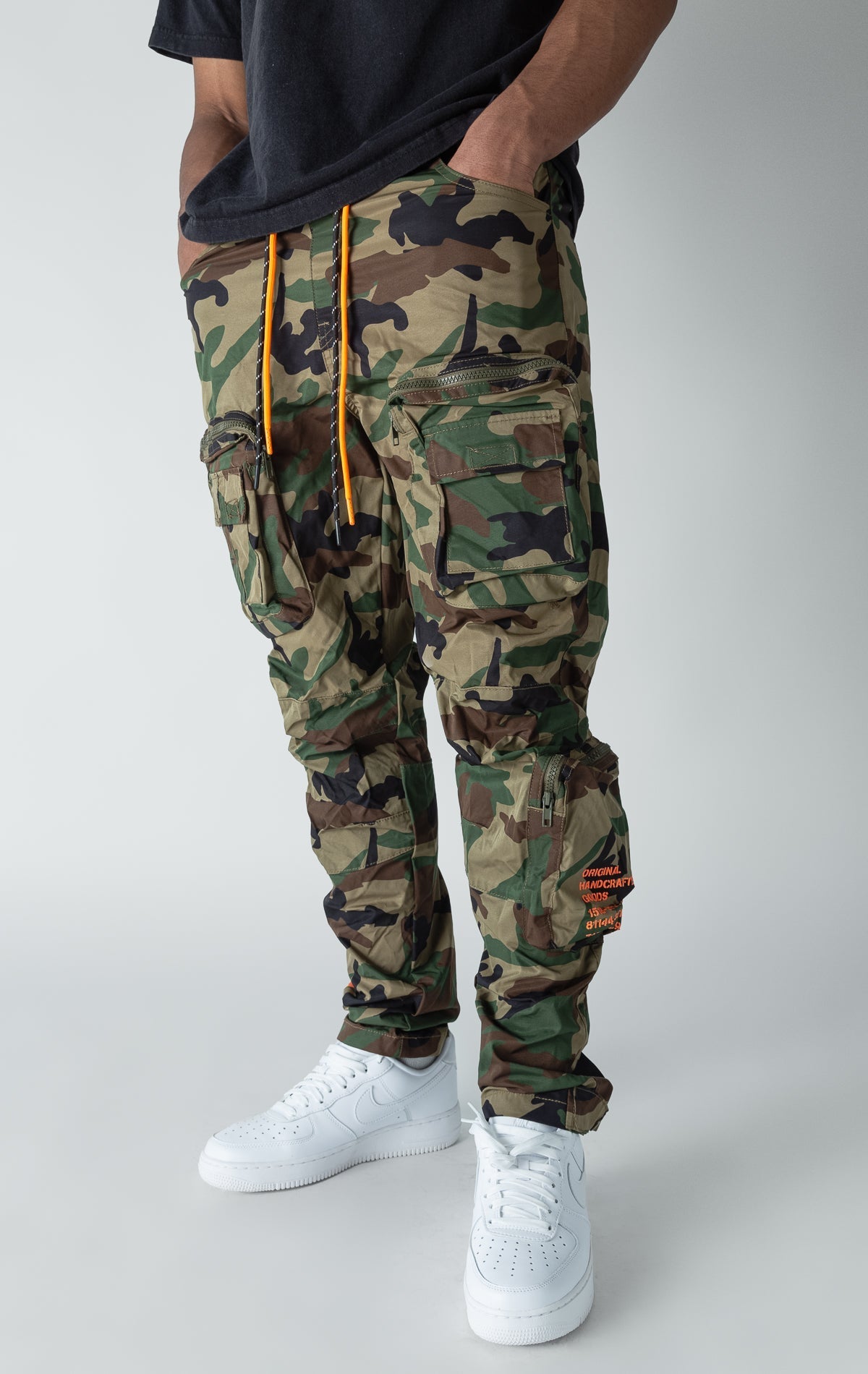 Wood camo open bottom windbreaker utility joggers.