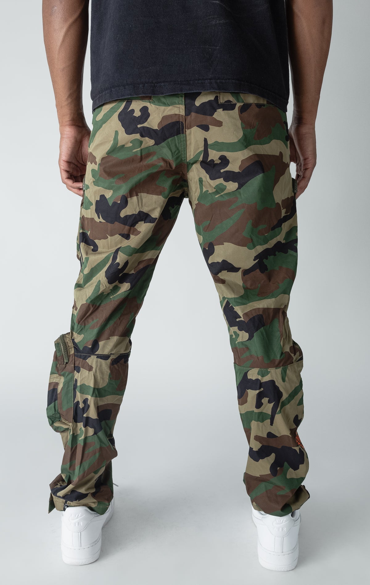 Wood camo open bottom windbreaker utility joggers.
