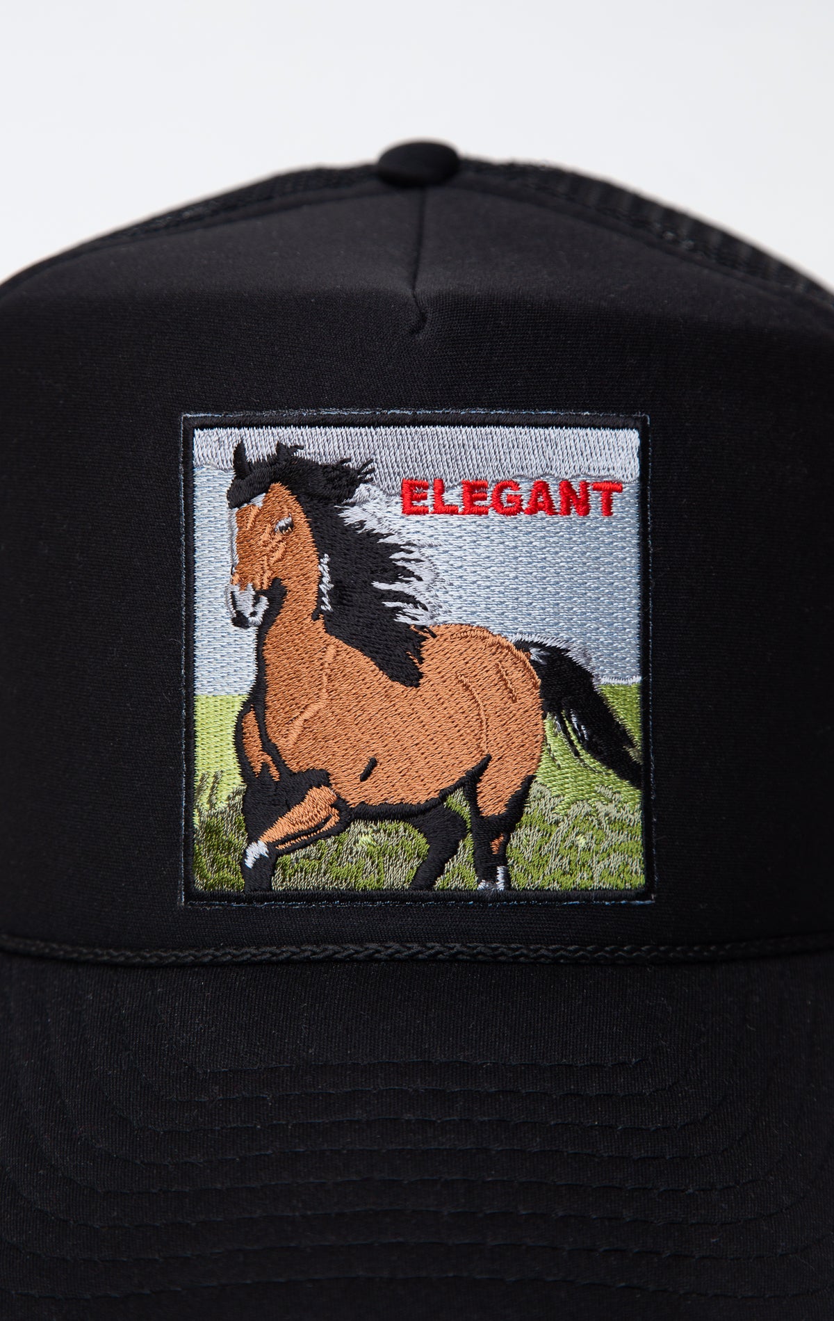 Black trucker hat with horse graphic embroidered