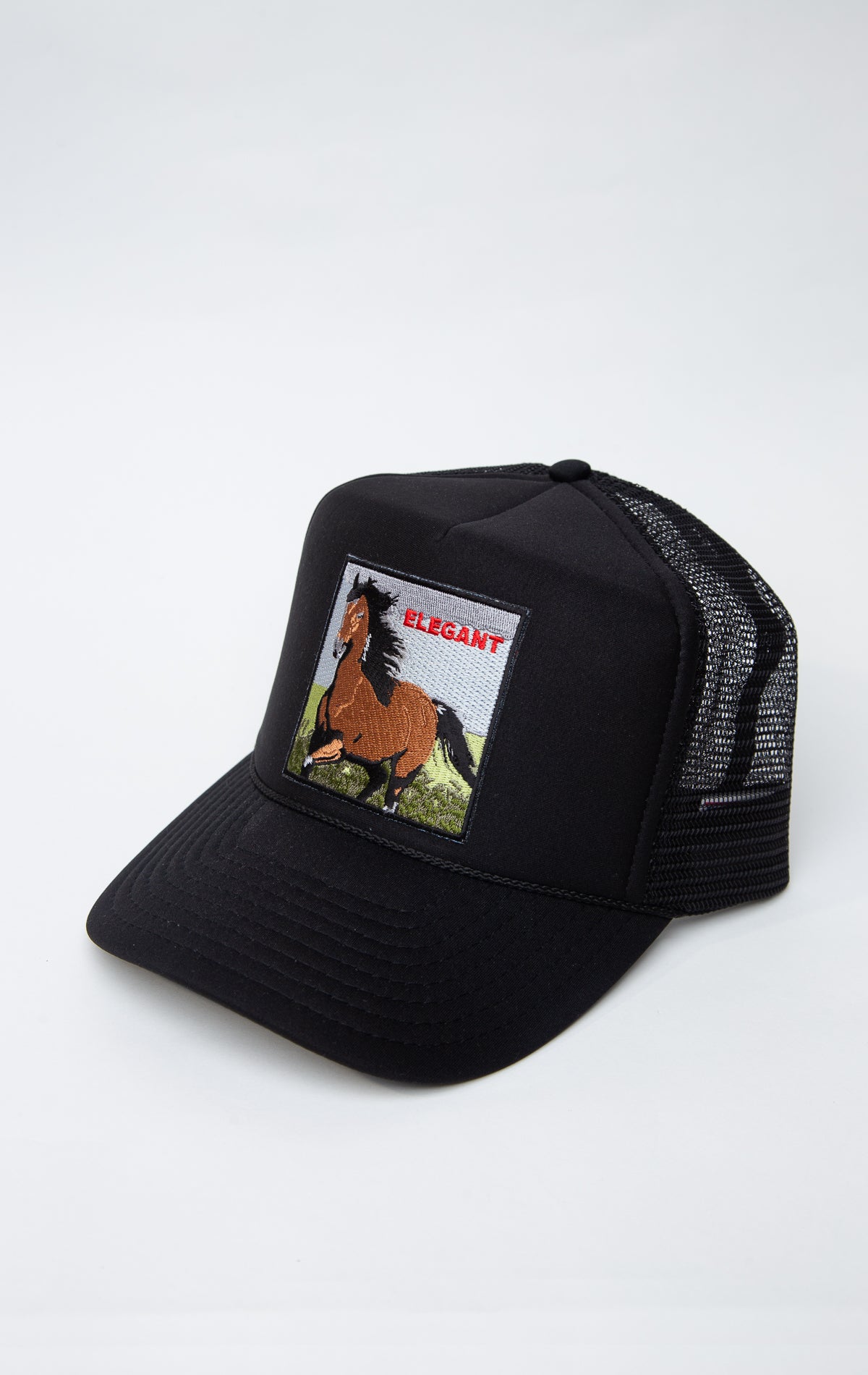 Black trucker hat with horse graphic embroidered