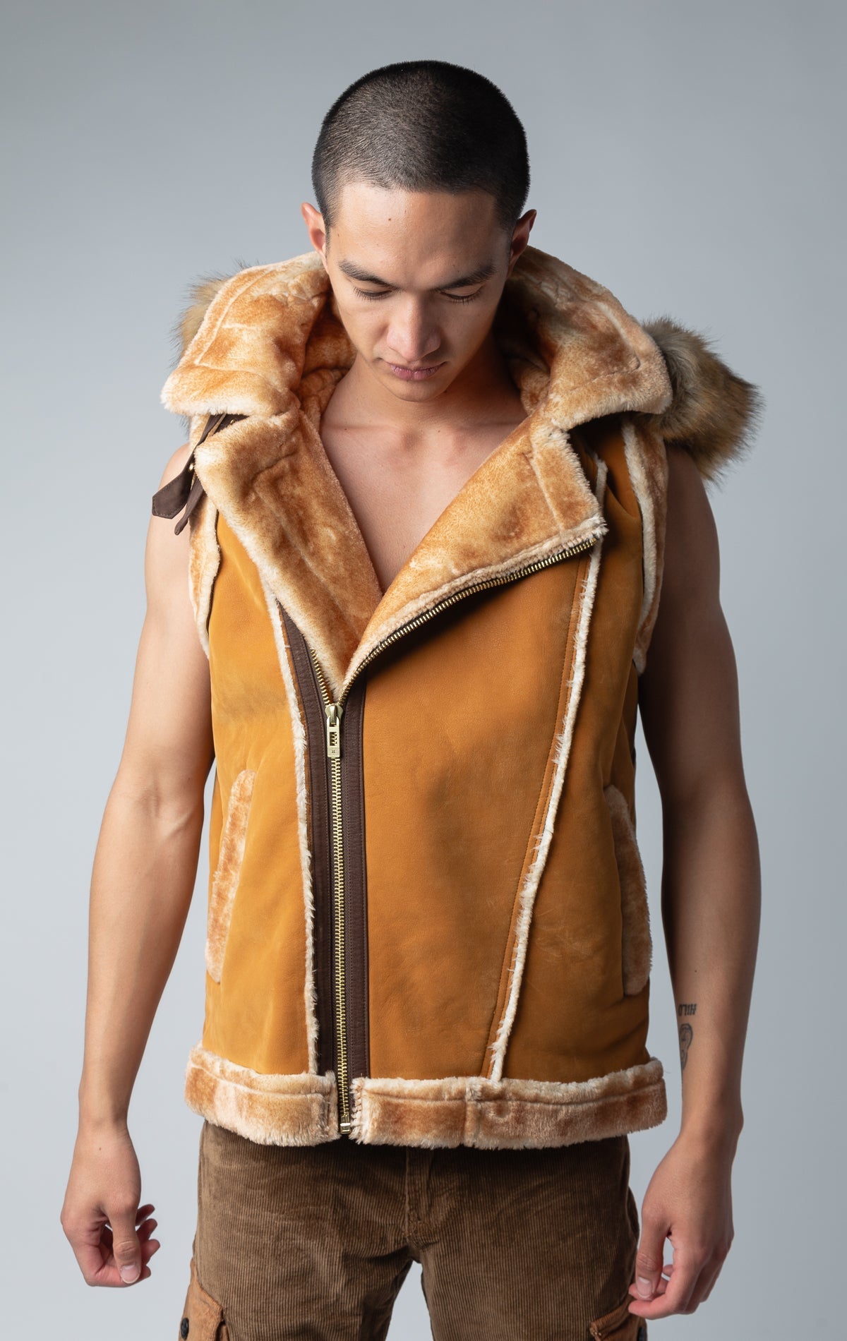 Sherpa-Lined Faux Suede Vest cognac color