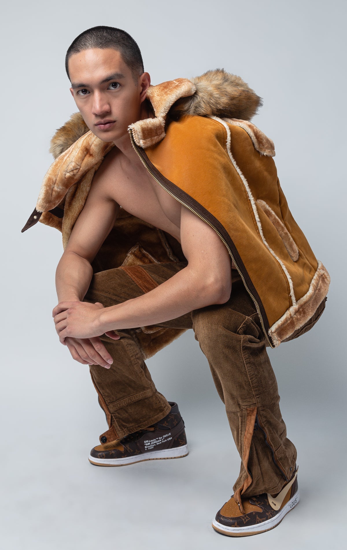 Sherpa-Lined Faux Suede Vest cognac color