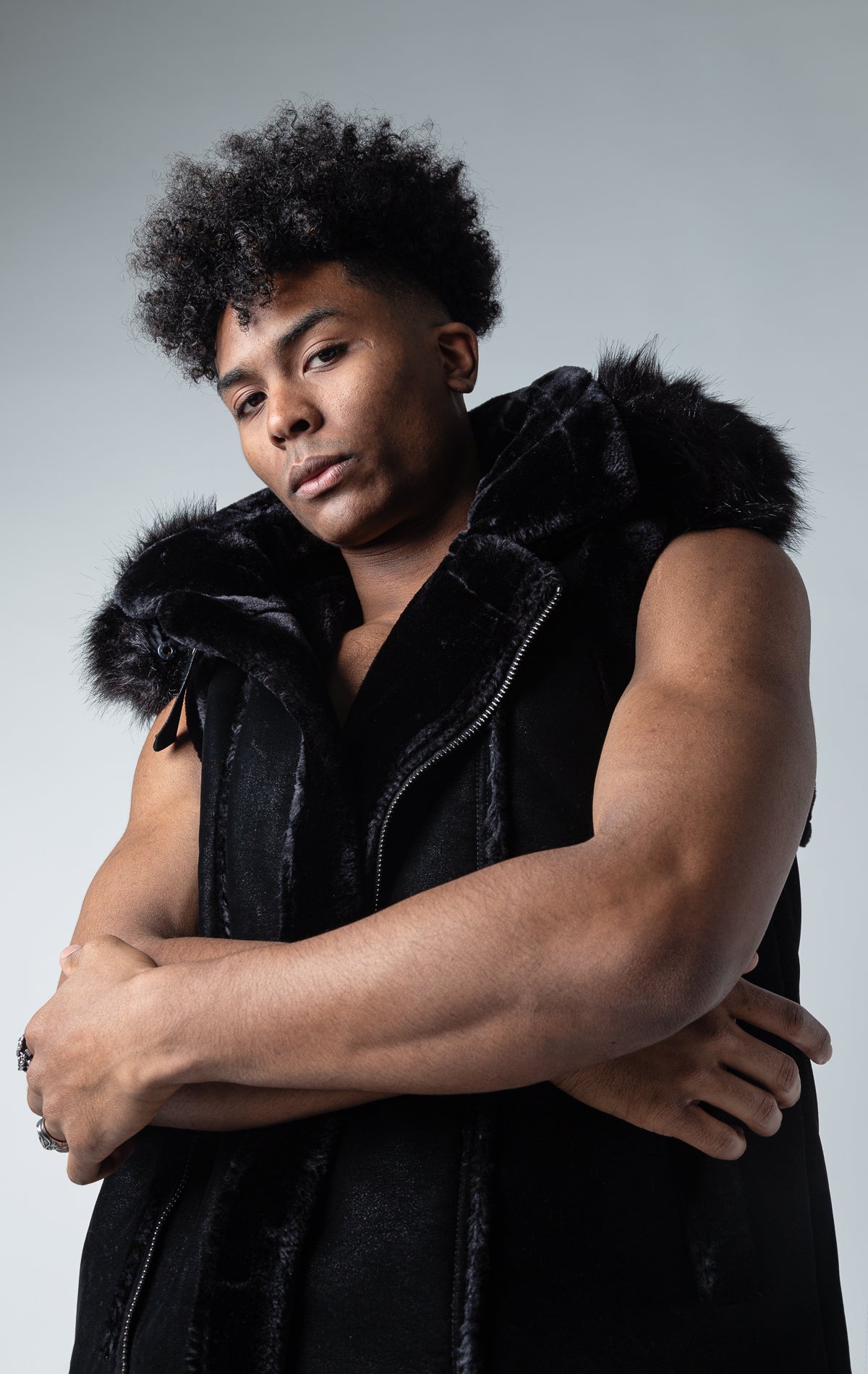 Sherpa-Lined Faux Suede Vest in black