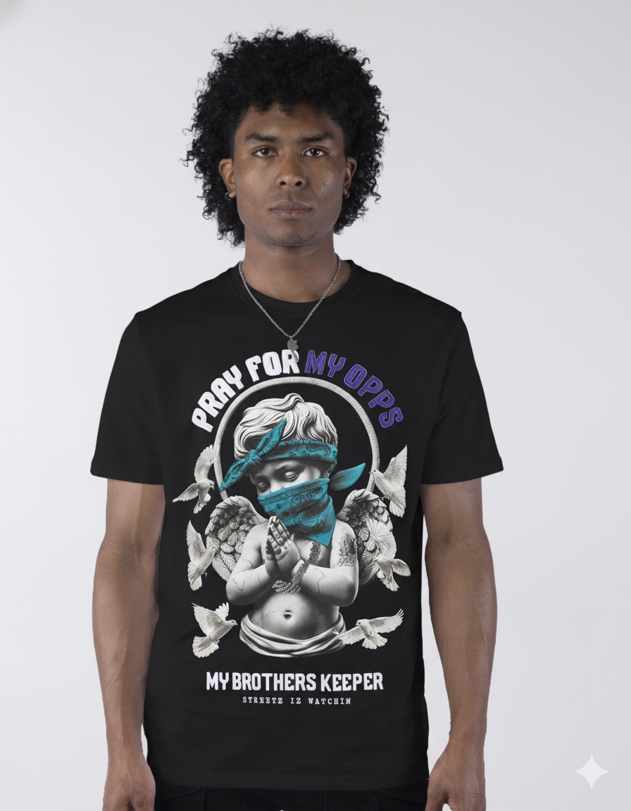 Person wearing a black t-shirt with a graphic design and text on a white background