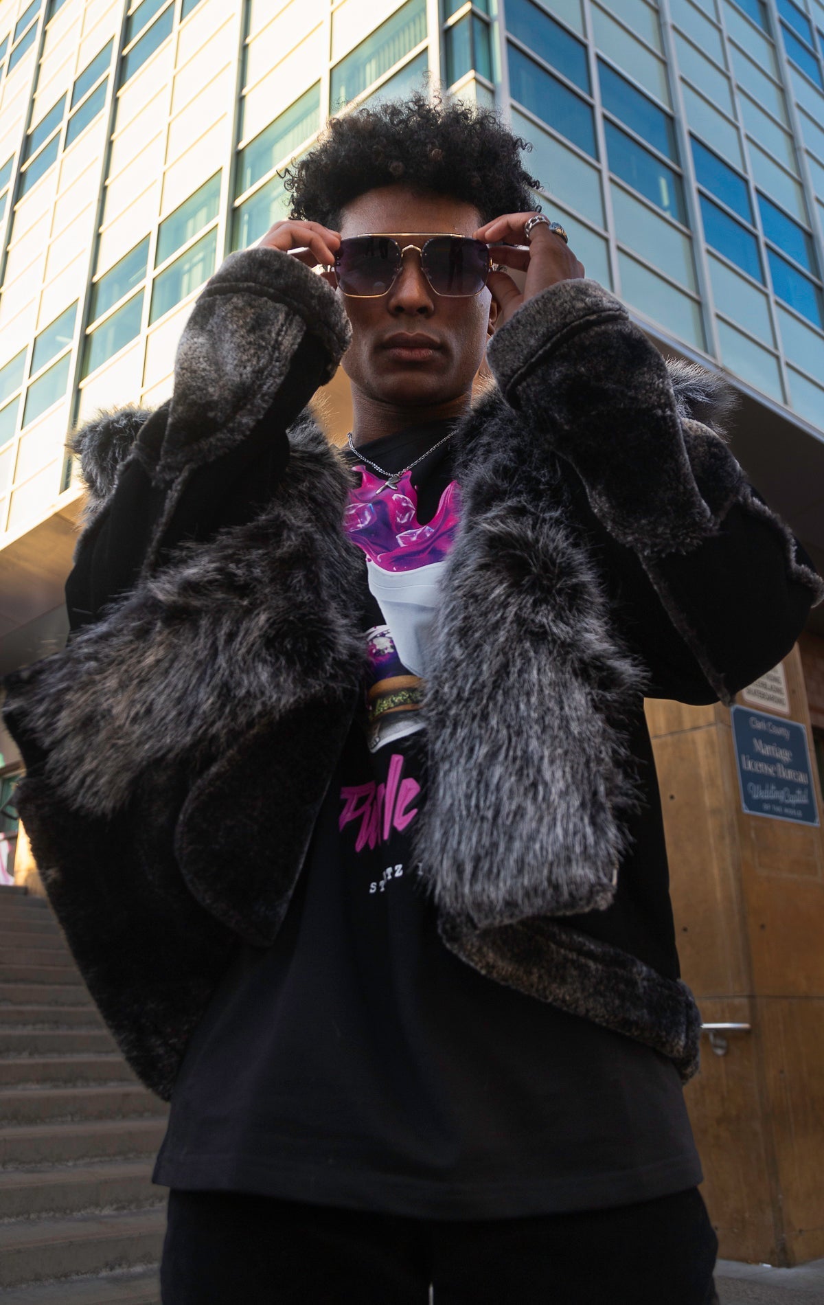 Black faux fur moto jacket