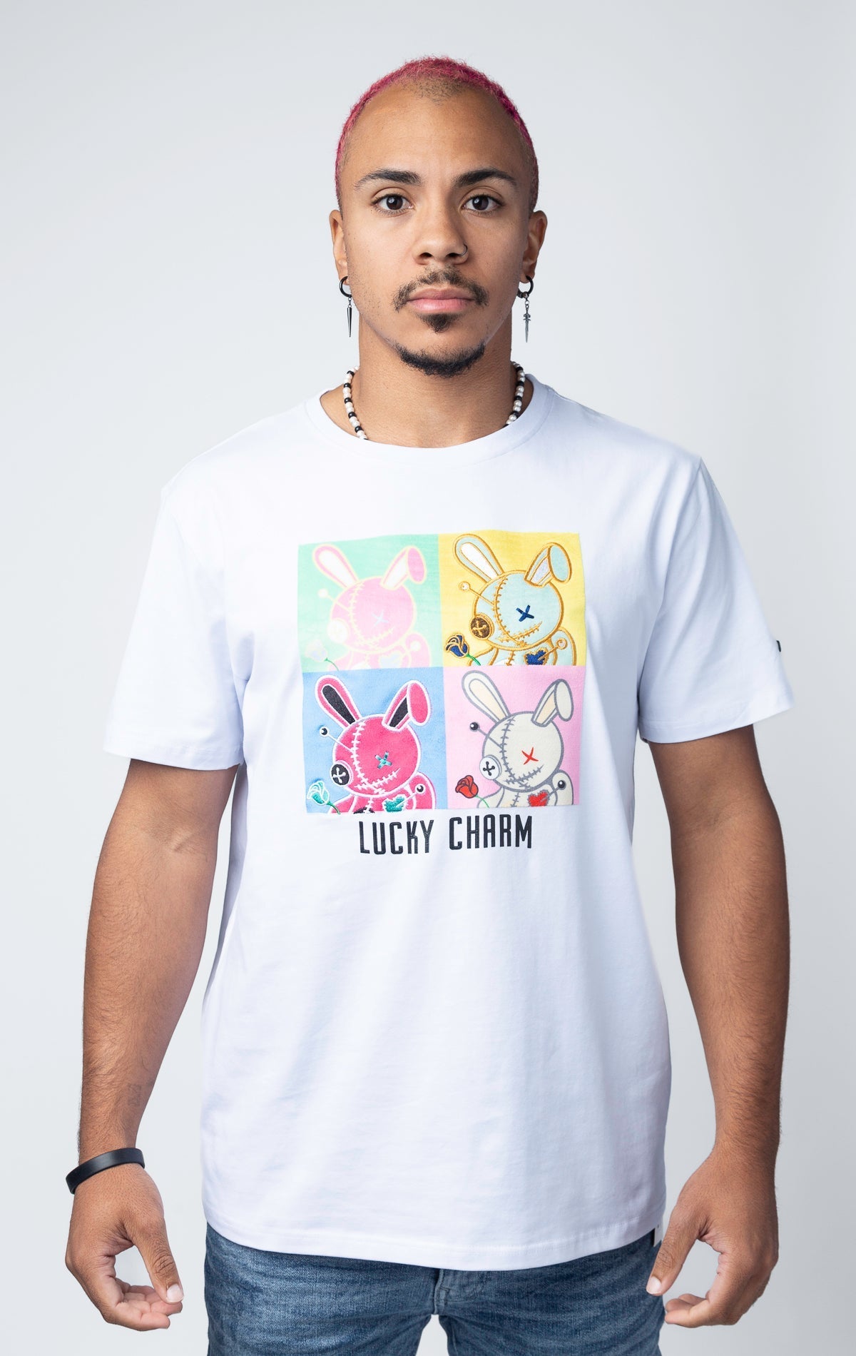 White T-shirt featuring the iconic Lucky Charm Bunny in an Andy Warhol-inspired graphic.