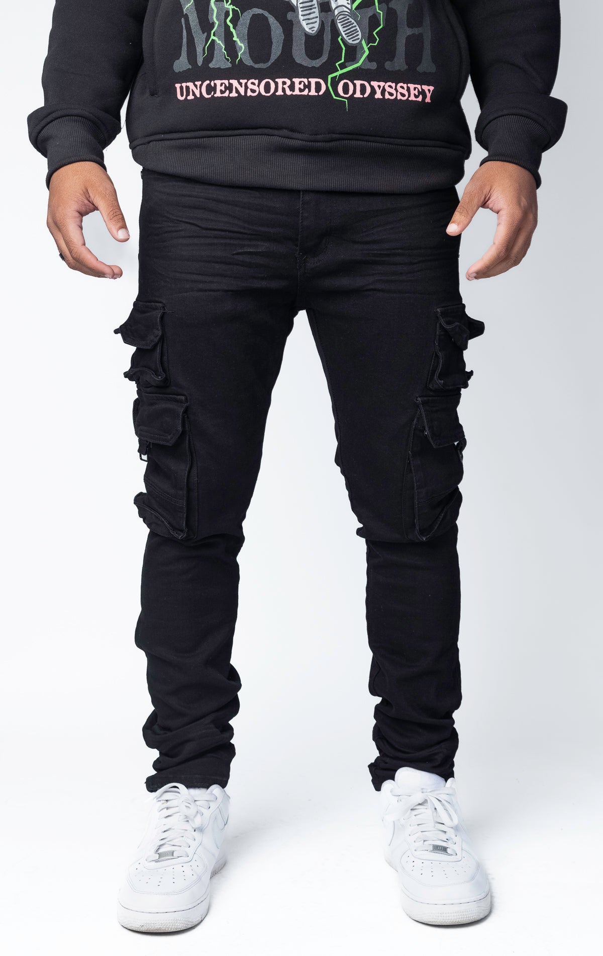 Black stacked cargo skinny jeans