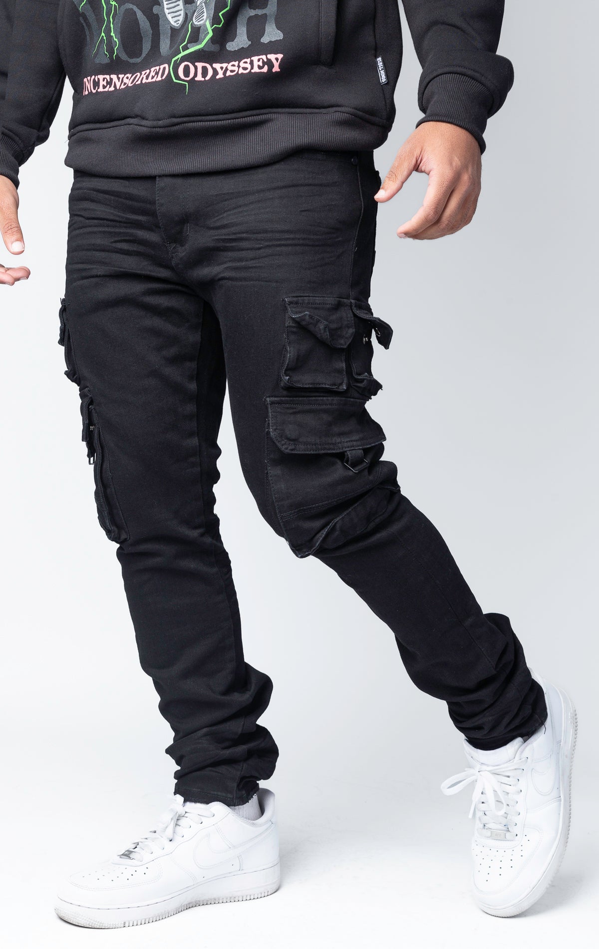 Black stacked cargo skinny jeans
