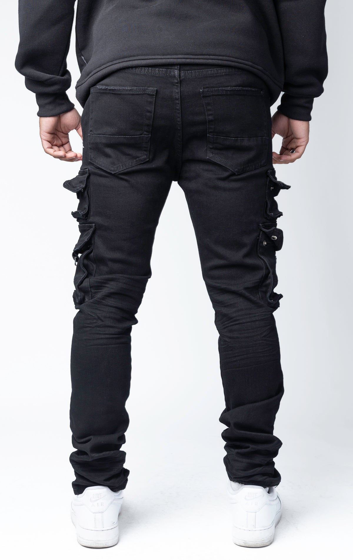 Black stacked cargo skinny jeans