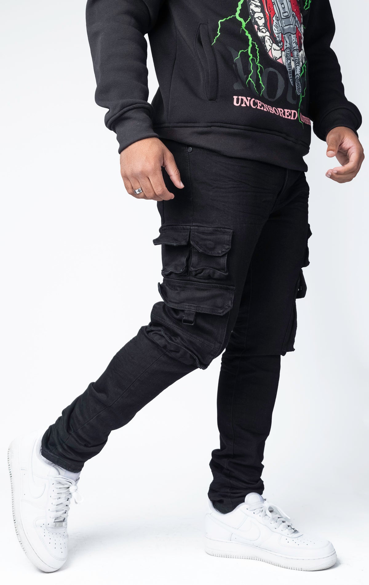 Black stacked cargo skinny jeans