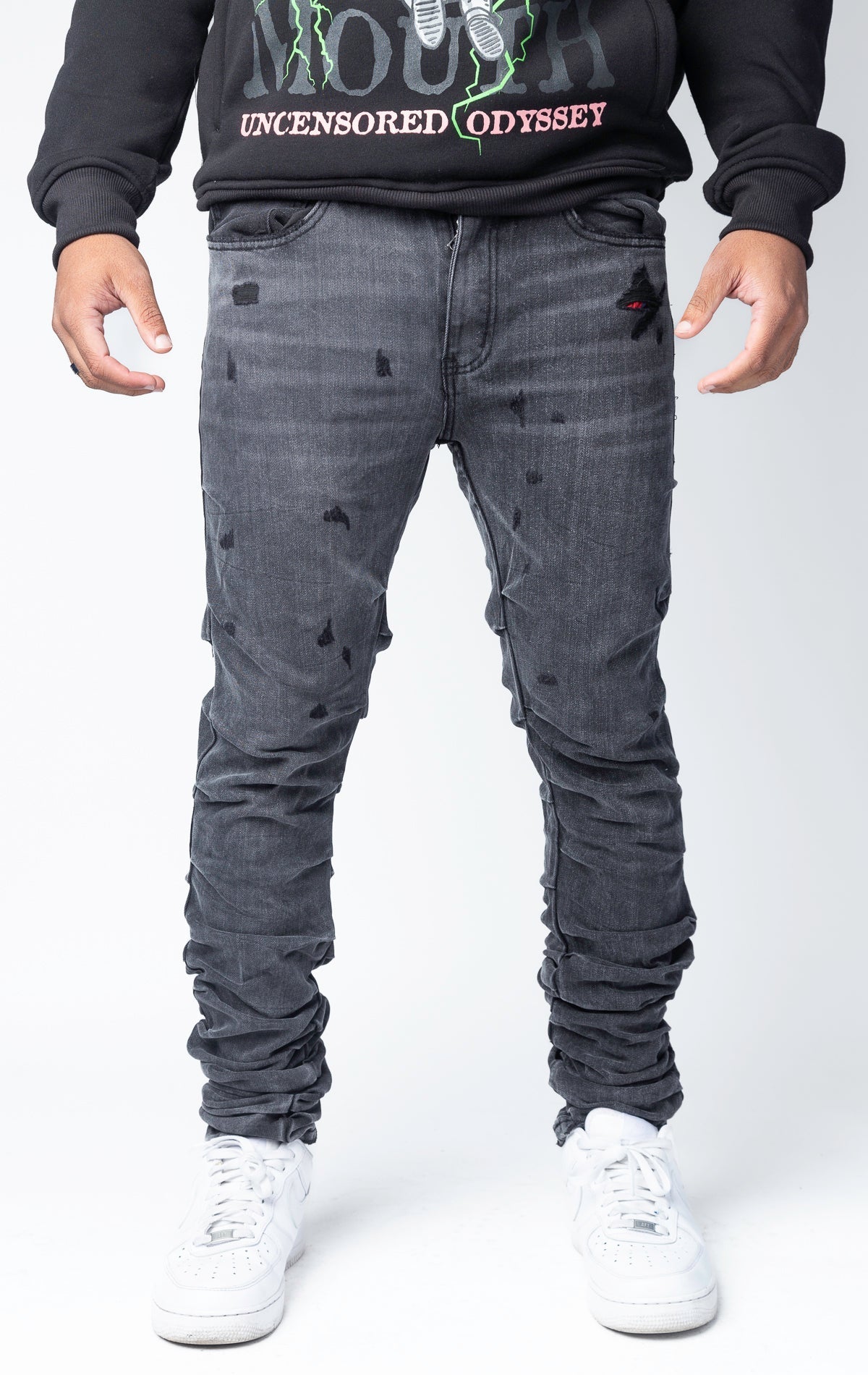 stacked skinny jeans in black wash