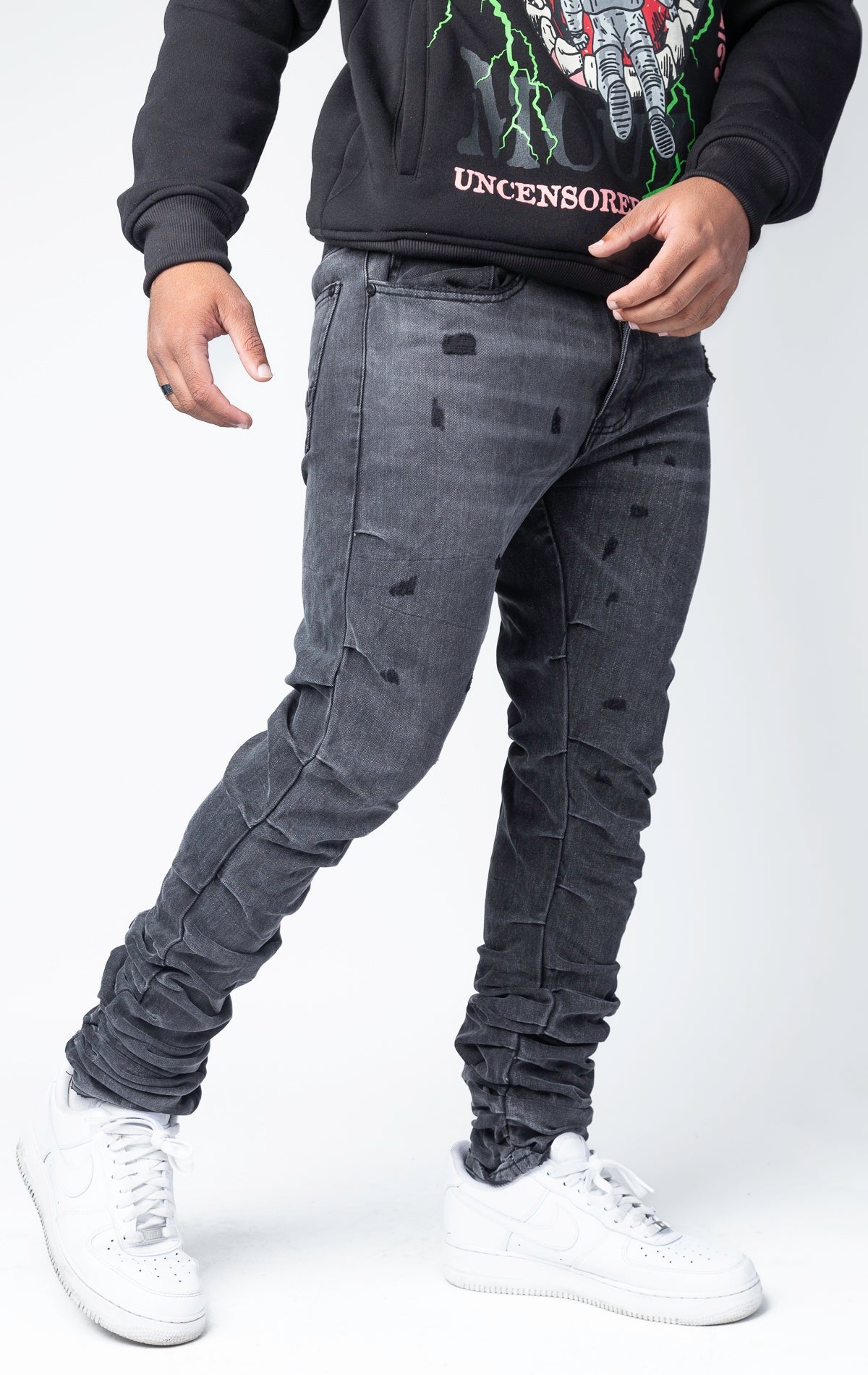 stacked skinny jeans in black wash