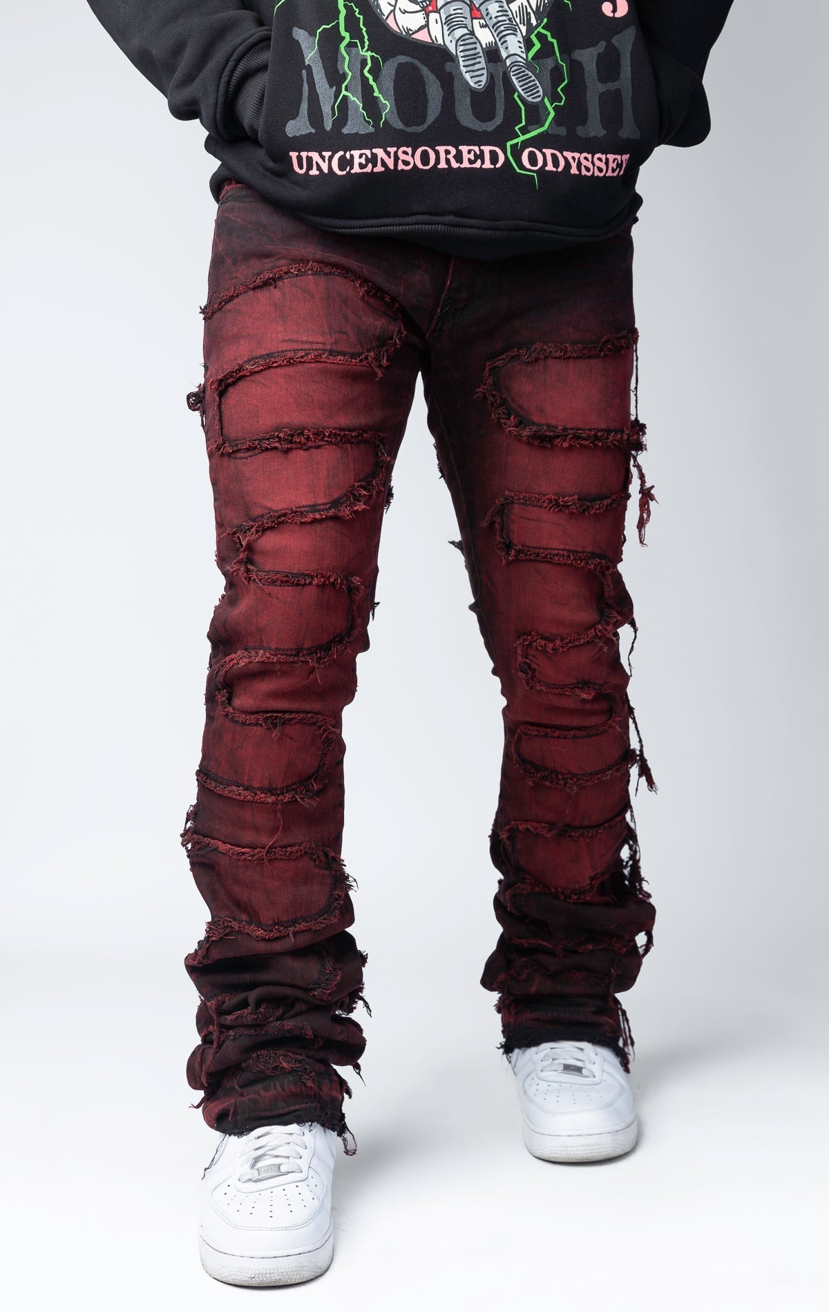 Magma distressed and stacked flare jeans featuring an ombre wash and ripped details