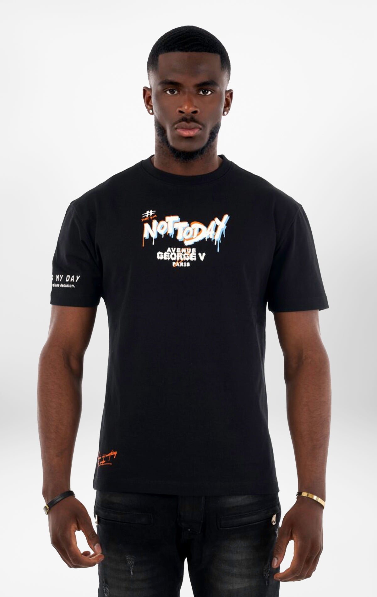 black T-Shirt featuring a bold "NOT TODAY" design pattern.
