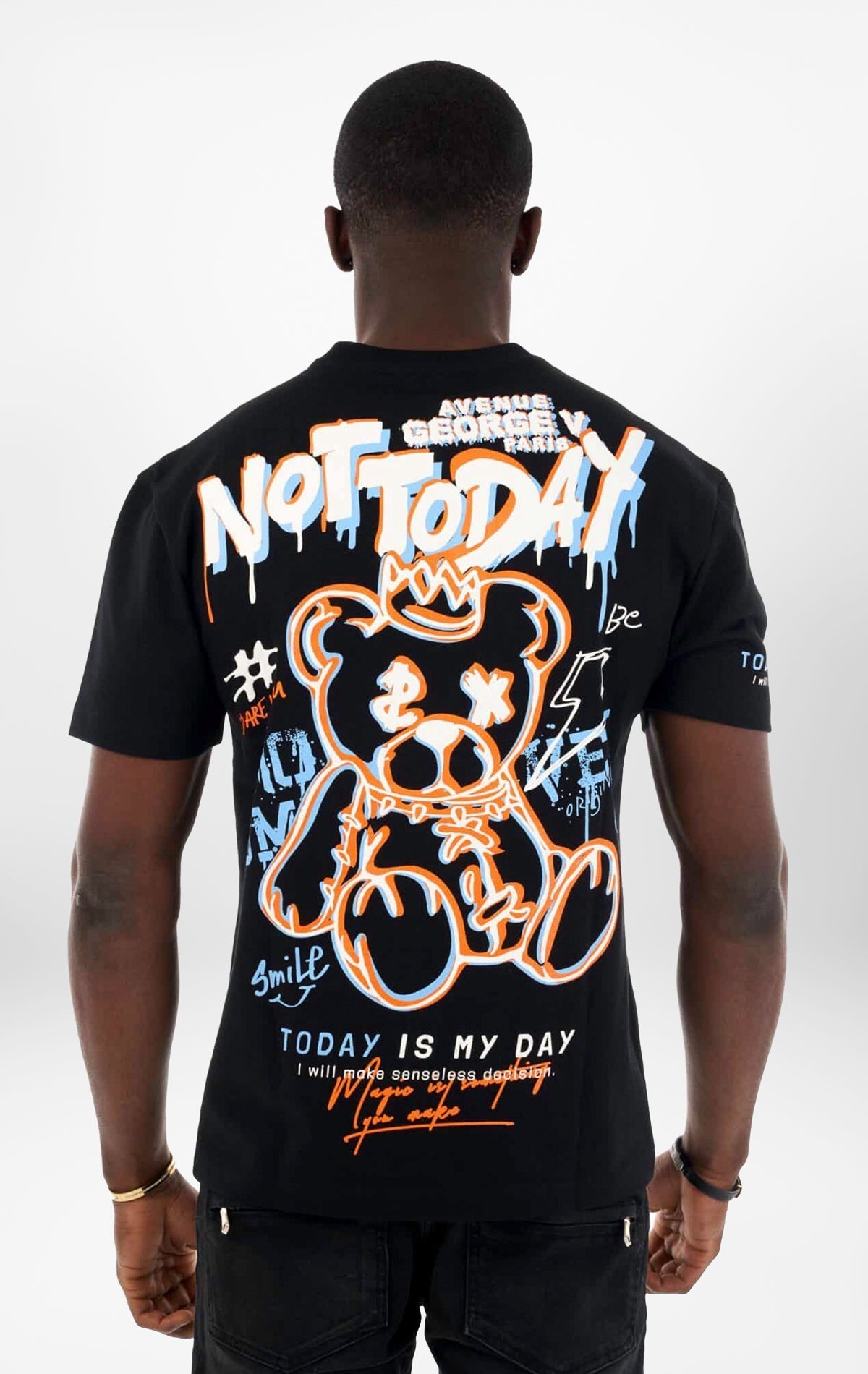 black T-Shirt featuring a bold "NOT TODAY" design pattern.