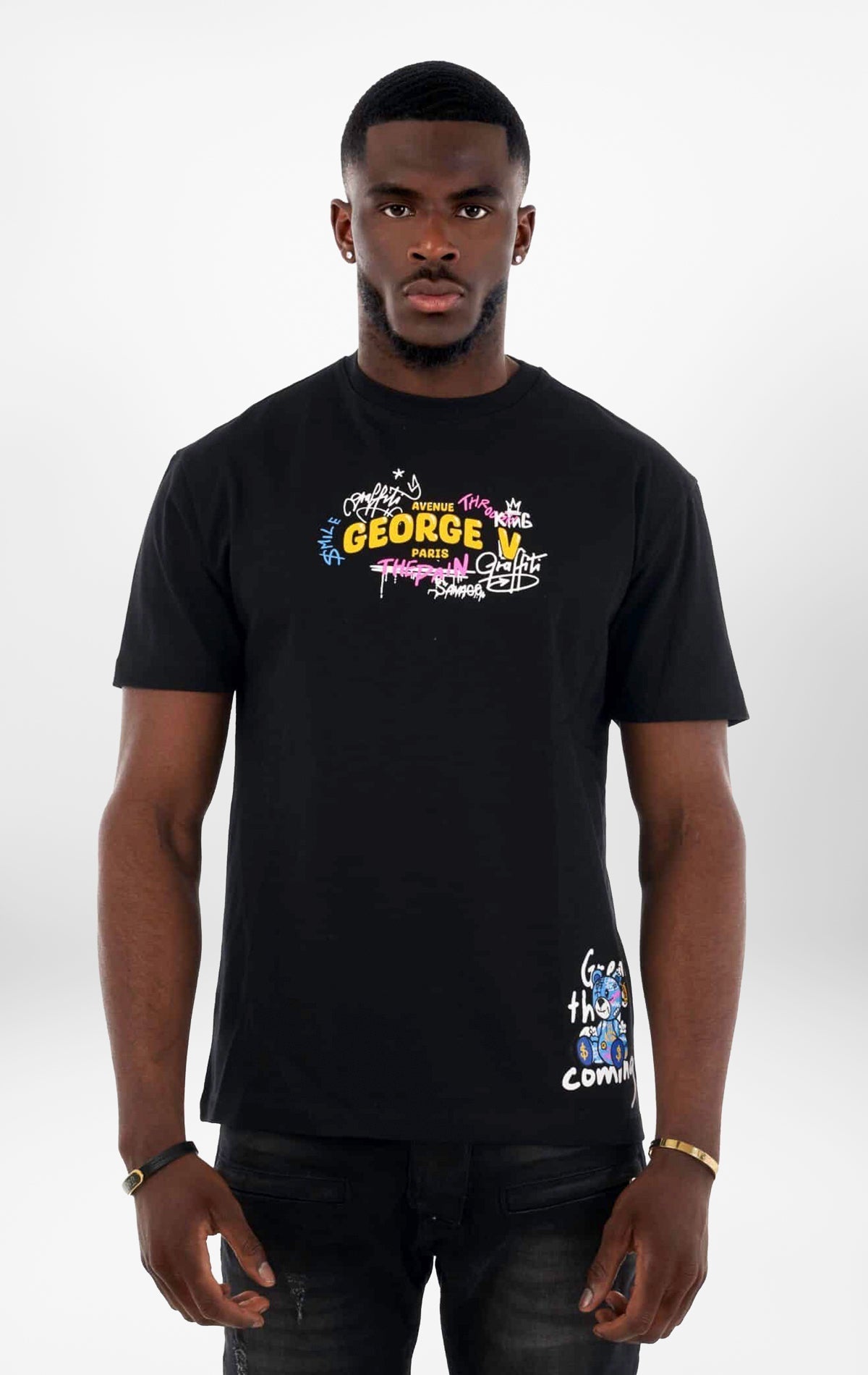 Black T-Shirt featuring a vibrant graffiti bear graphic.