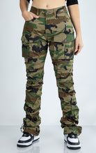 Nova High Rise Stacked Utility Pants in Wood Camo. Features a stacked silhouette, multiple pockets, and bottom hem stoppers. 98% Polyester / 2% Elastane