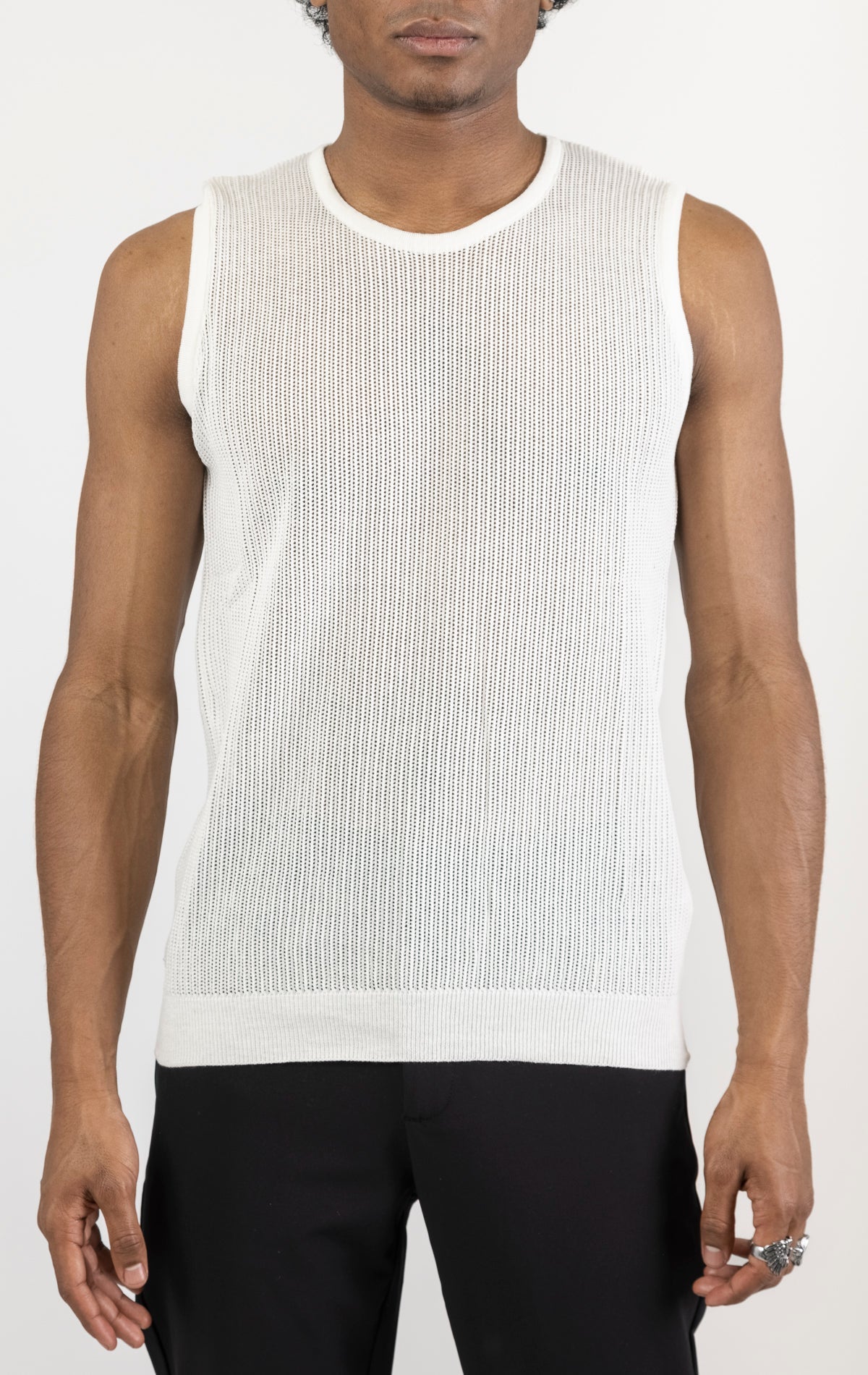 Men's crew neck mesh tank top in white. The tank top is made from a lightweight and breathable mesh fabric (50% cotton, 50% acrylic) and features a sleeveless construction and a tailored fit.