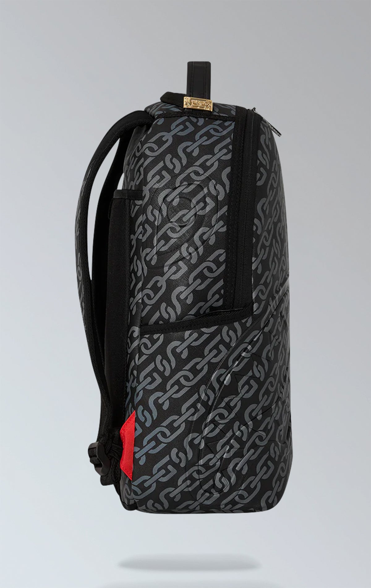 Sprayground, SG Chains Backpack, SG Chain Backpack (DLXV), black backpack, gray chain, vegan leather, quilted, shark mouth, laptop compartment, adjustable straps, side pockets, multiple compartments.