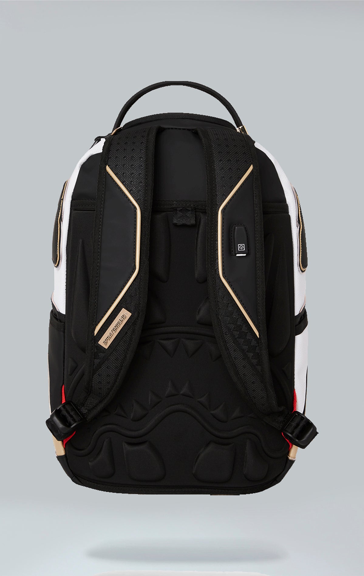 Sprayground x Formula E Jaguar backpack with built-in LED lights. Black water-resistant PVC backpack with Formula E Jaguar design. Includes laptop compartment, organizer pocket, and USB cable for charging. Note: Lithium battery inside, check with airline