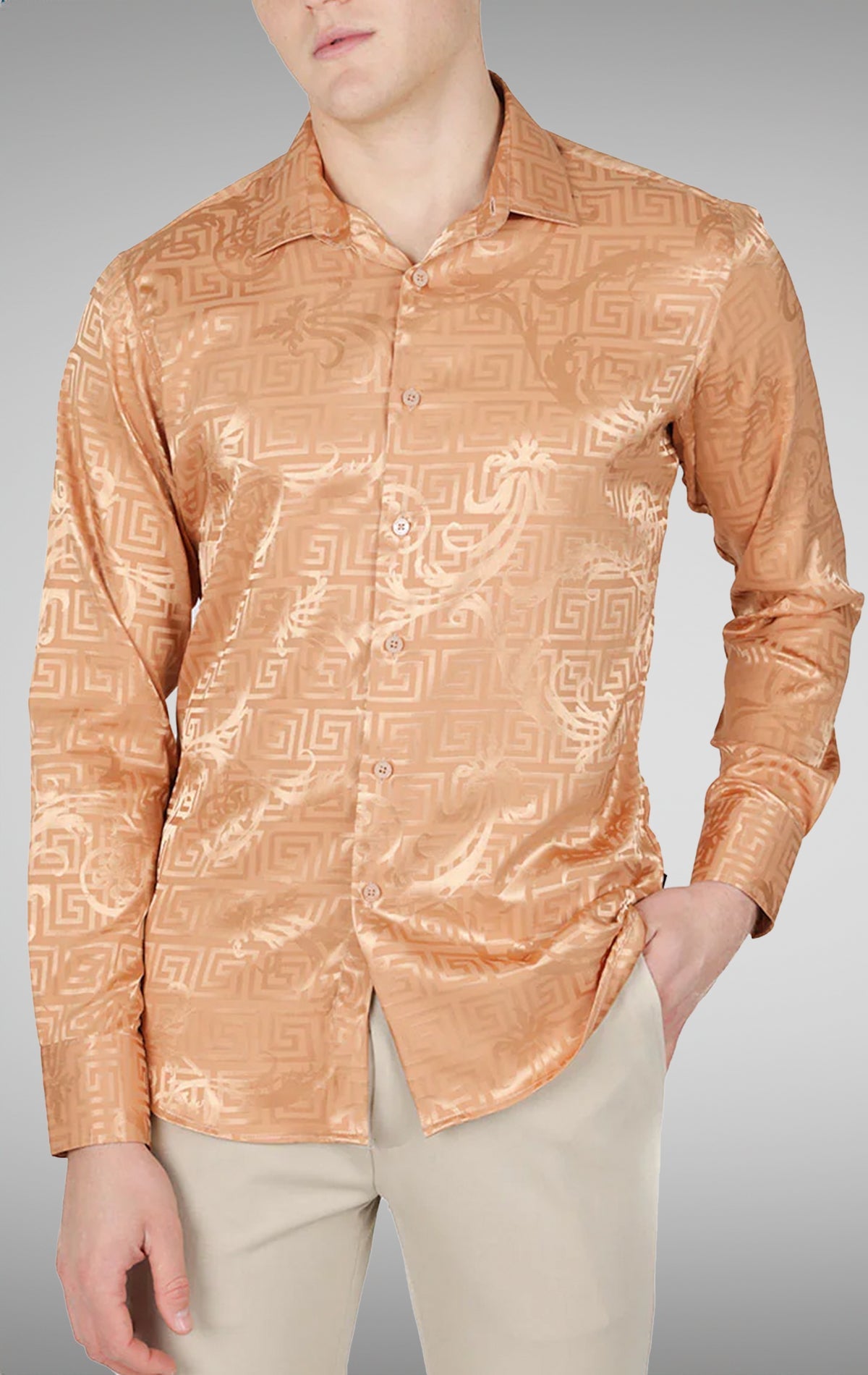 Men's long sleeve metallic shirt with Greek key pattern design, baroque style, and button-up fastenings