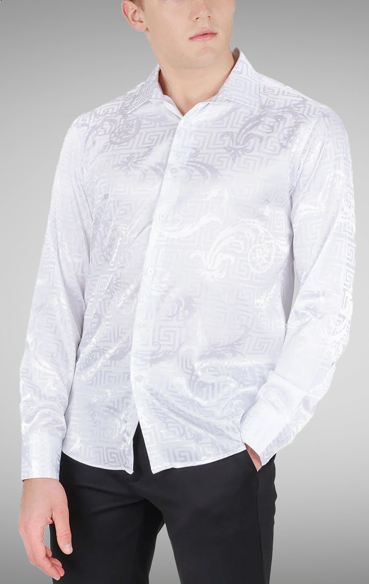 Men's long sleeve metallic shirt with Greek key pattern design, baroque style, and button-up fastenings