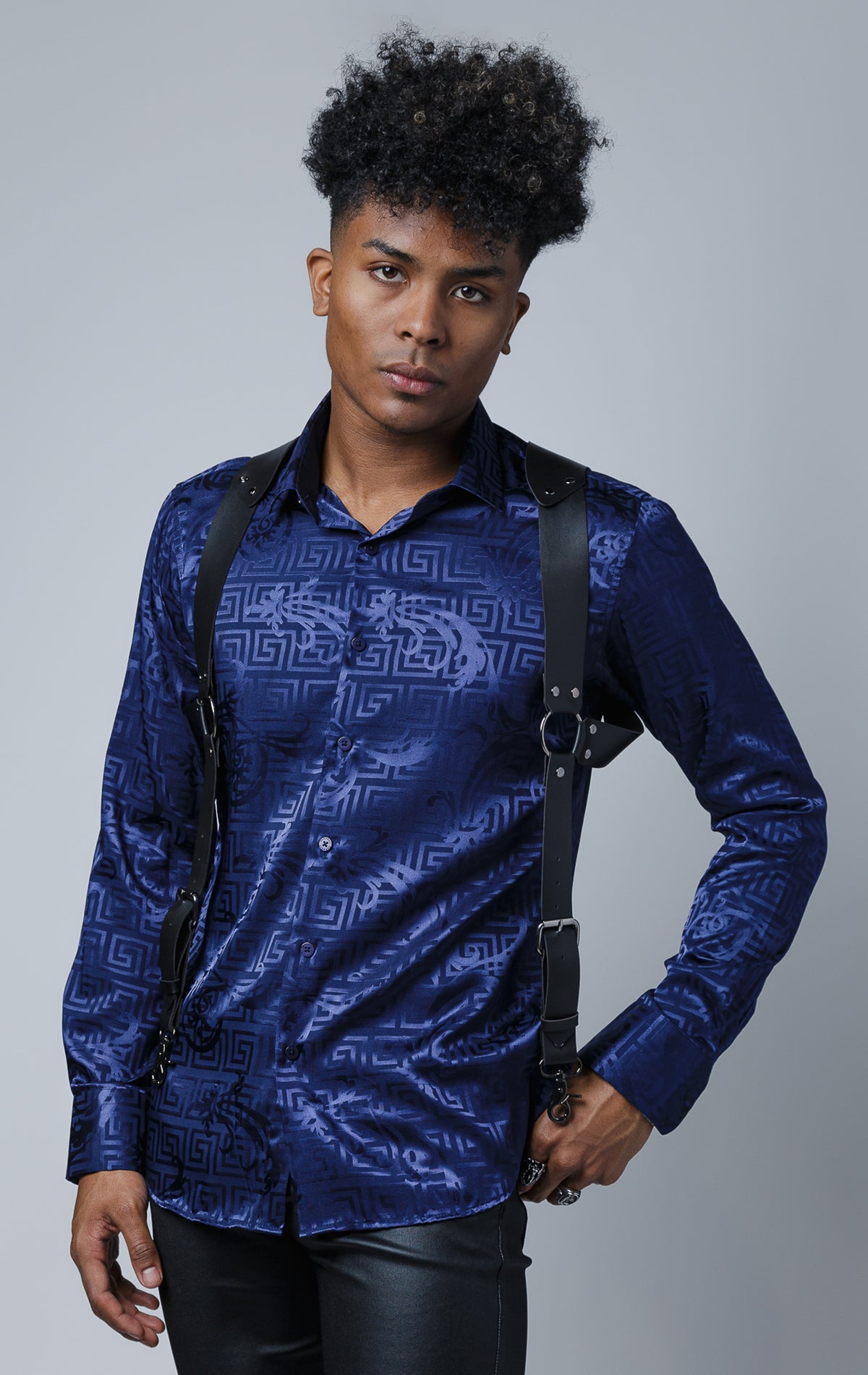 Men's long sleeve metallic shirt with Greek key pattern design, baroque style, and button-up fastenings