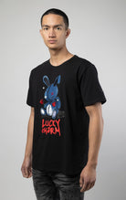 trendy short sleeves crewneck featuring a lucky denim bunny graphic on the front.