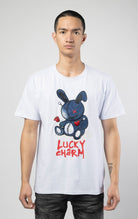 Update your wardrobe with this trendy short sleeves crewneck featuring a lucky denim bunny graphic on the front.