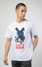 Update your wardrobe with this trendy short sleeves crewneck featuring a lucky denim bunny graphic on the front.