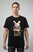 Beige camo luck charm bunny print on black tshirt