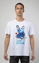 Blue camo luck charm bunny print on white tshirt
