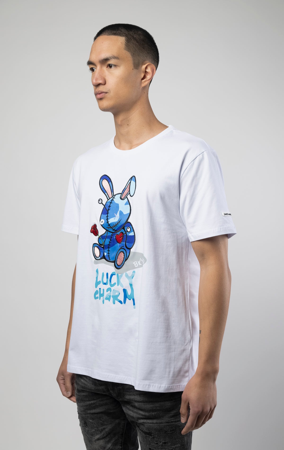 Blue camo luck charm bunny print on white tshirt